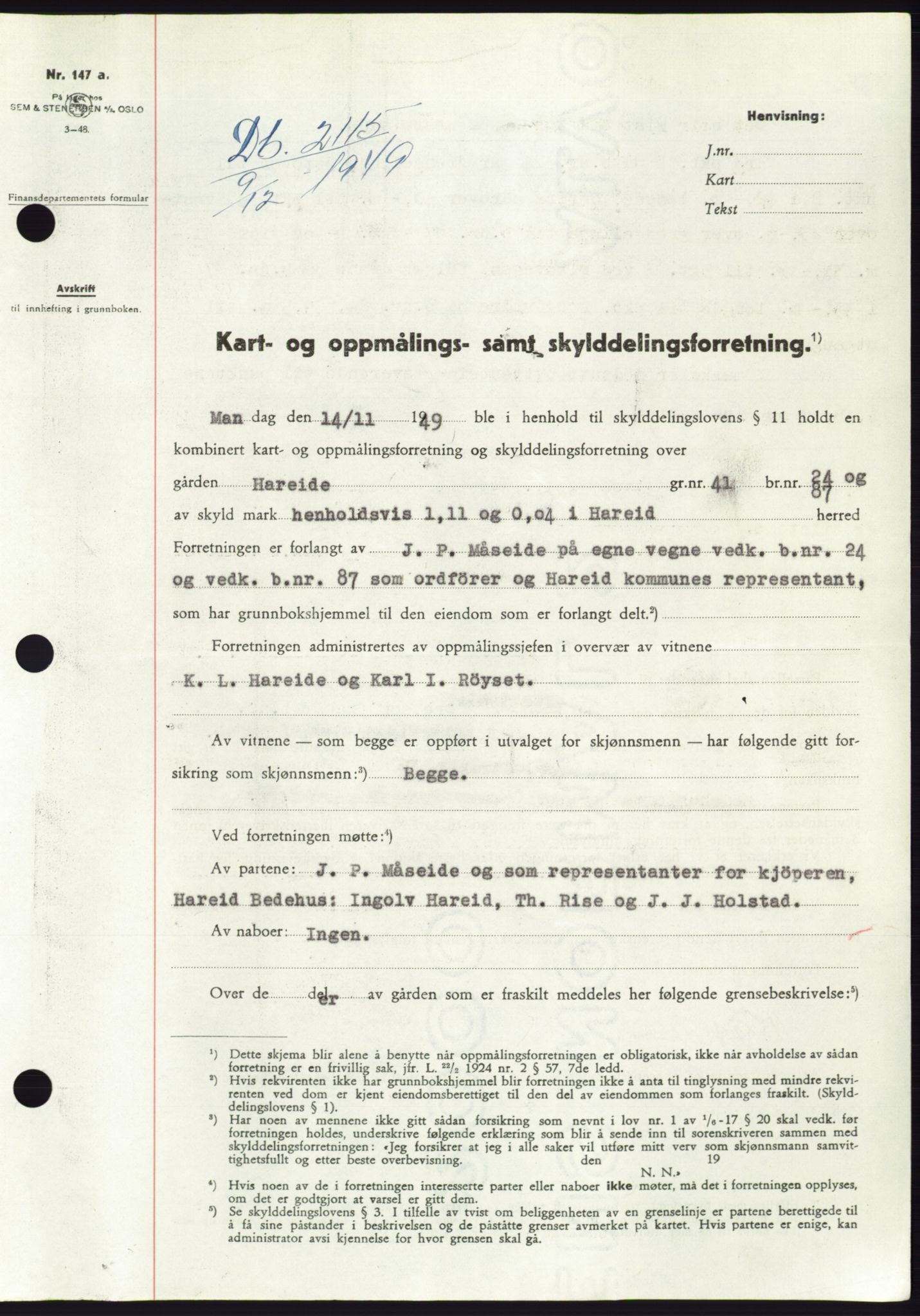 Søre Sunnmøre sorenskriveri, AV/SAT-A-4122/1/2/2C/L0085: Mortgage book no. 11A, 1949-1949, Diary no: : 2115/1949