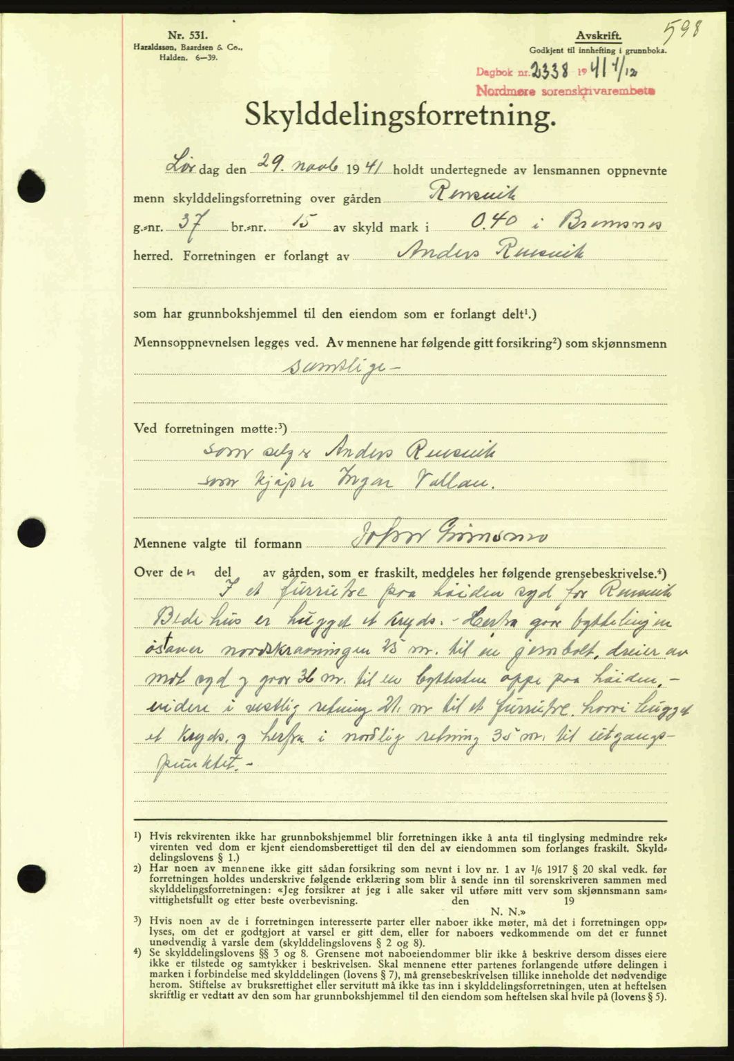 Nordmøre sorenskriveri, AV/SAT-A-4132/1/2/2Ca: Mortgage book no. A91, 1941-1942, Diary no: : 2338/1941