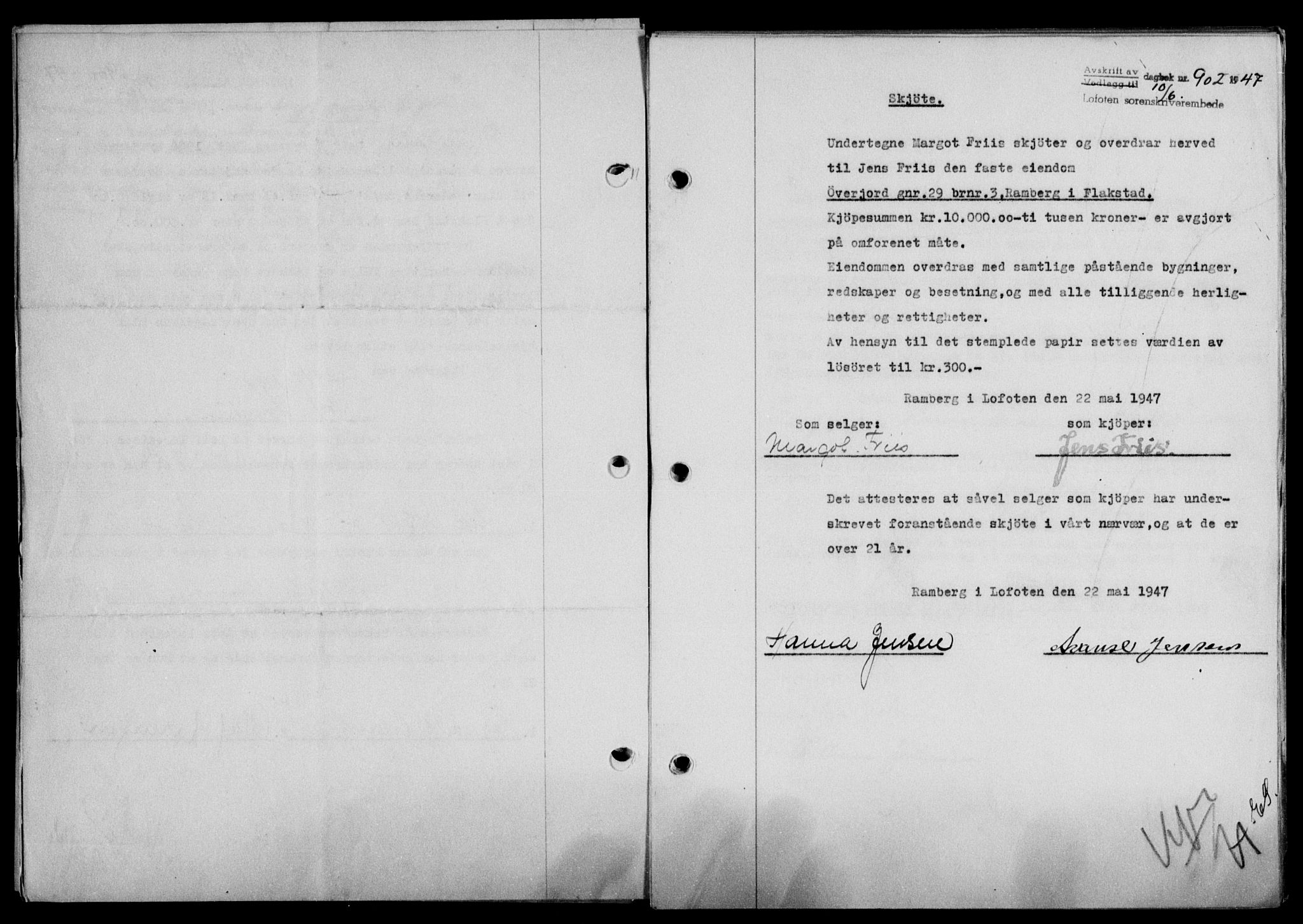 Lofoten sorenskriveri, SAT/A-0017/1/2/2C/L0016a: Mortgage book no. 16a, 1947-1947, Diary no: : 902/1947
