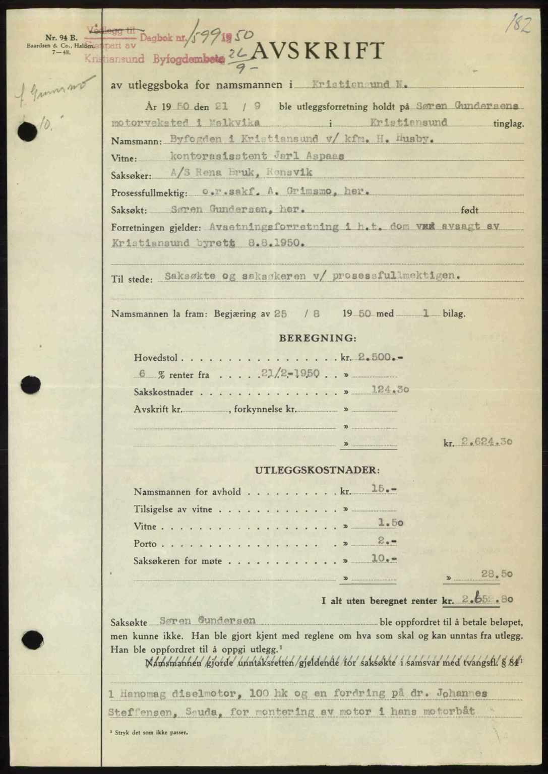 Kristiansund byfogd, AV/SAT-A-4587/A/27: Mortgage book no. 50, 1950-1950, Diary no: : 1599/1950