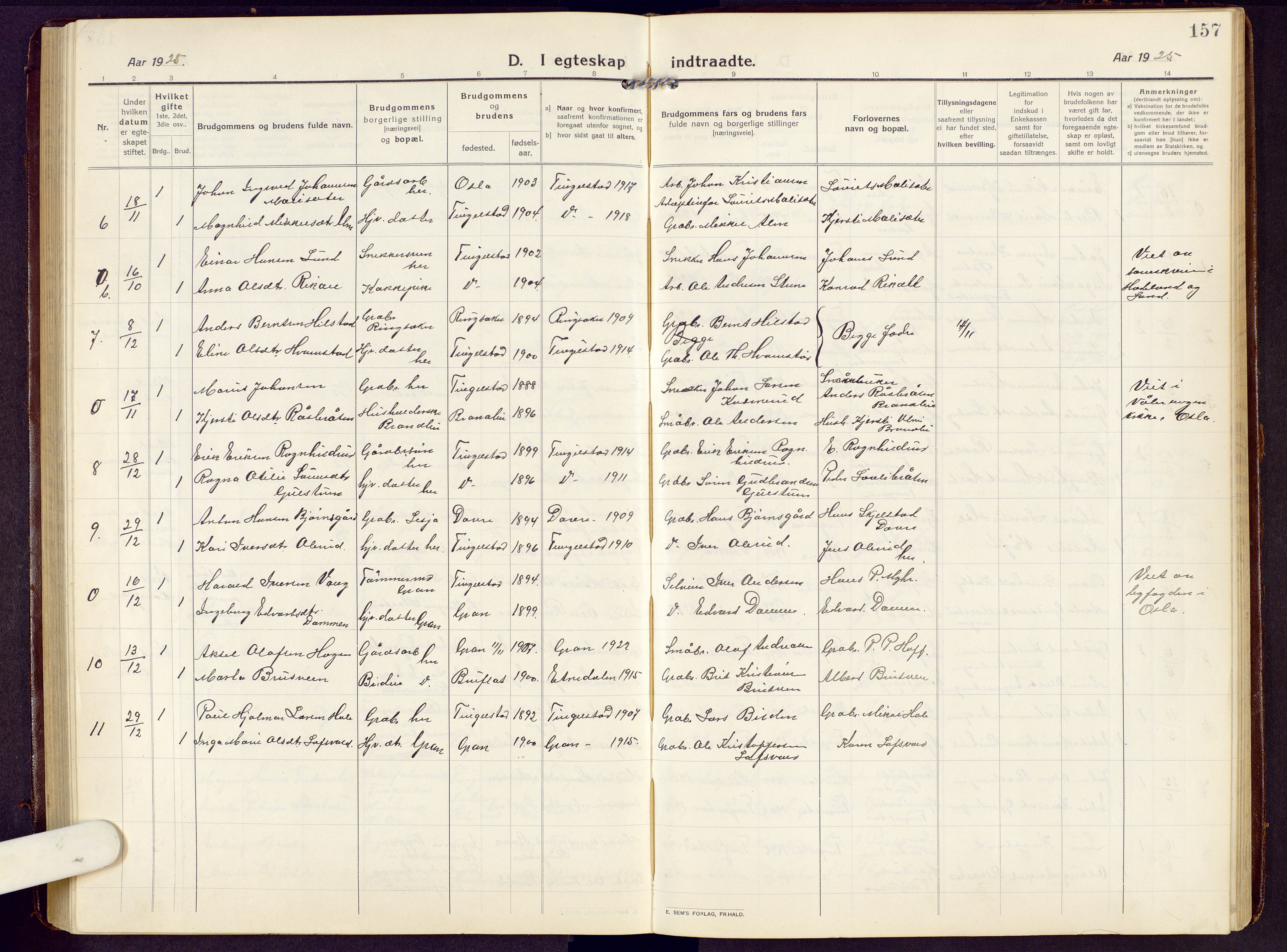 Brandbu prestekontor, SAH/PREST-114/H/Ha/Hab/L0010: Parish register (copy) no. 10, 1916-1930, p. 157