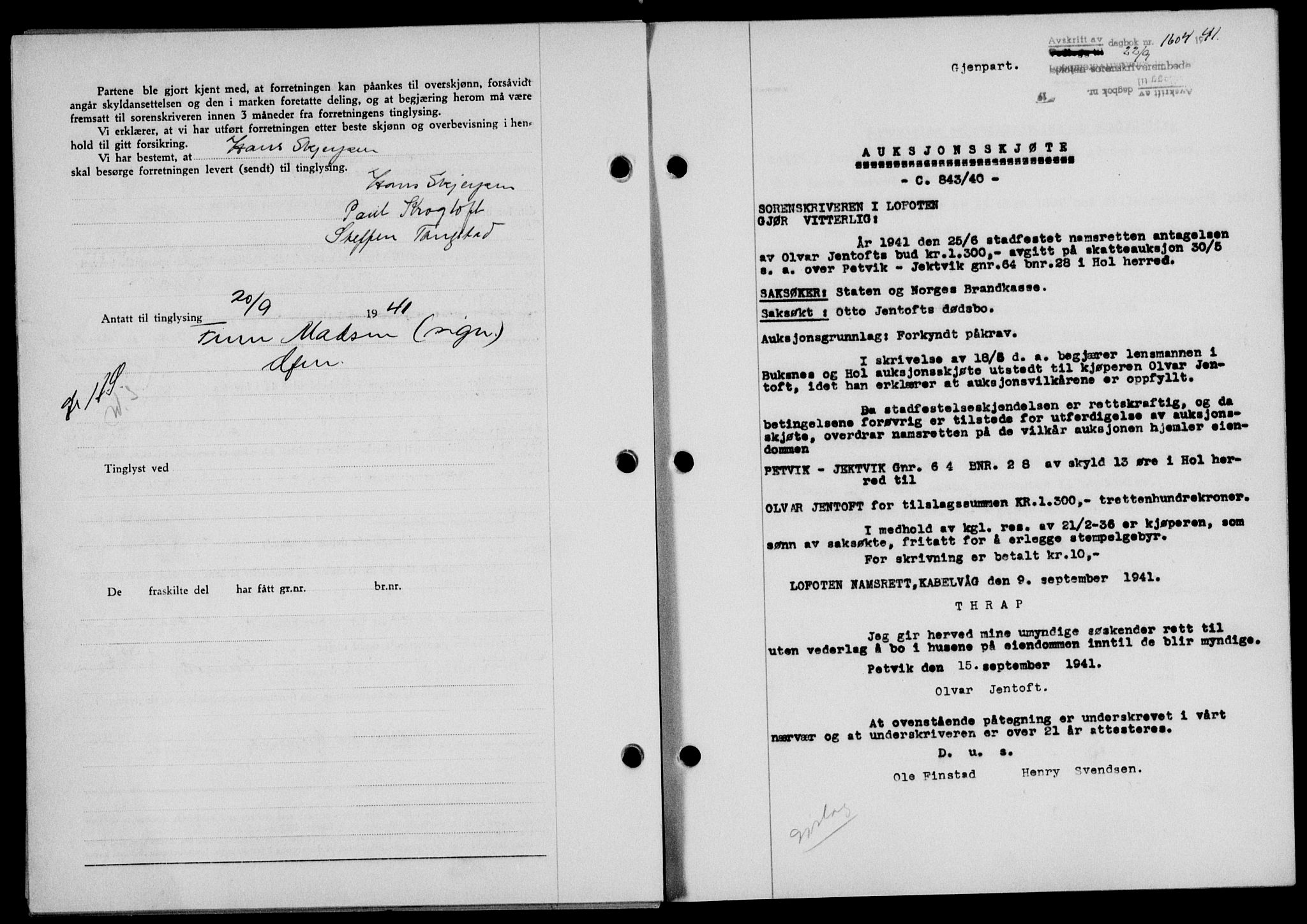 Lofoten sorenskriveri, SAT/A-0017/1/2/2C/L0008a: Mortgage book no. 8a, 1940-1941, Diary no: : 1604/1941