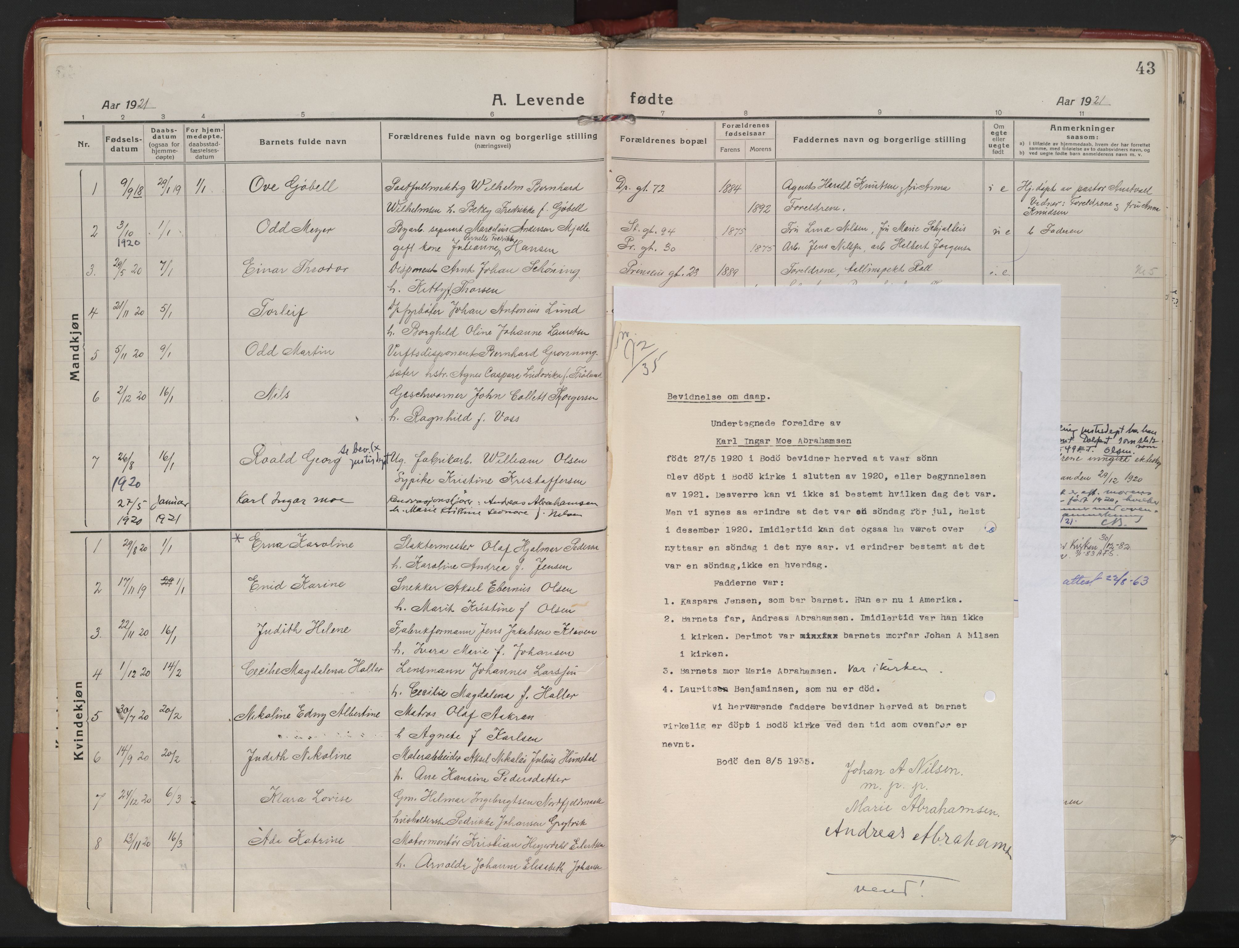 Ministerialprotokoller, klokkerbøker og fødselsregistre - Nordland, SAT/A-1459/801/L0017: Parish register (official) no. 801A17, 1917-1930, p. 43
