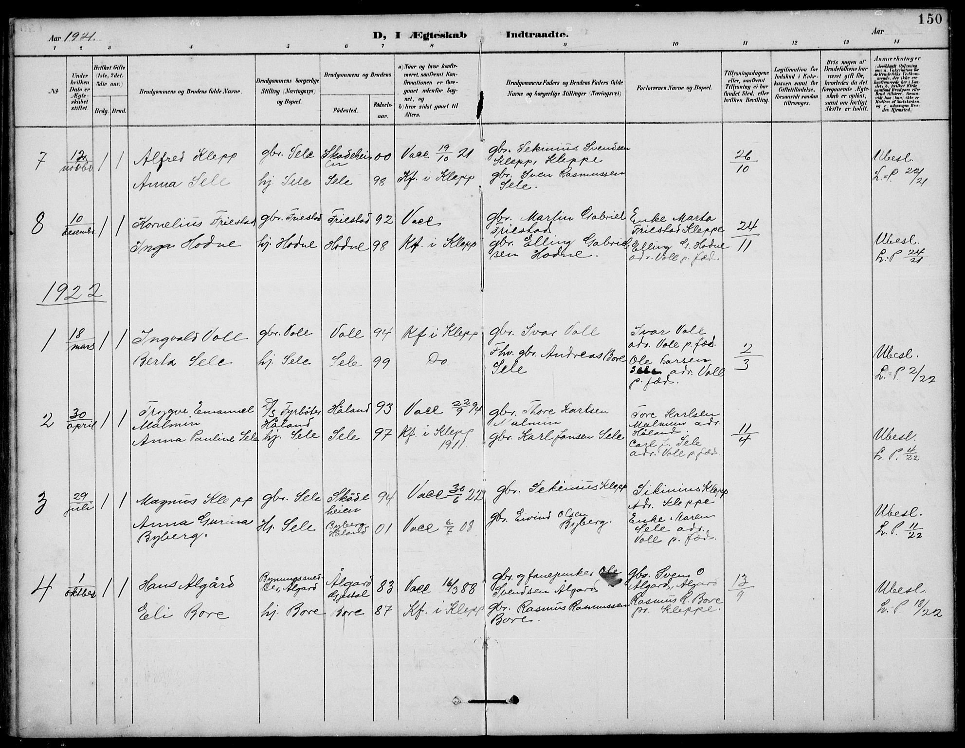Klepp sokneprestkontor, SAST/A-101803/001/3/30BB/L0006: Parish register (copy) no. B 6, 1889-1936, p. 150