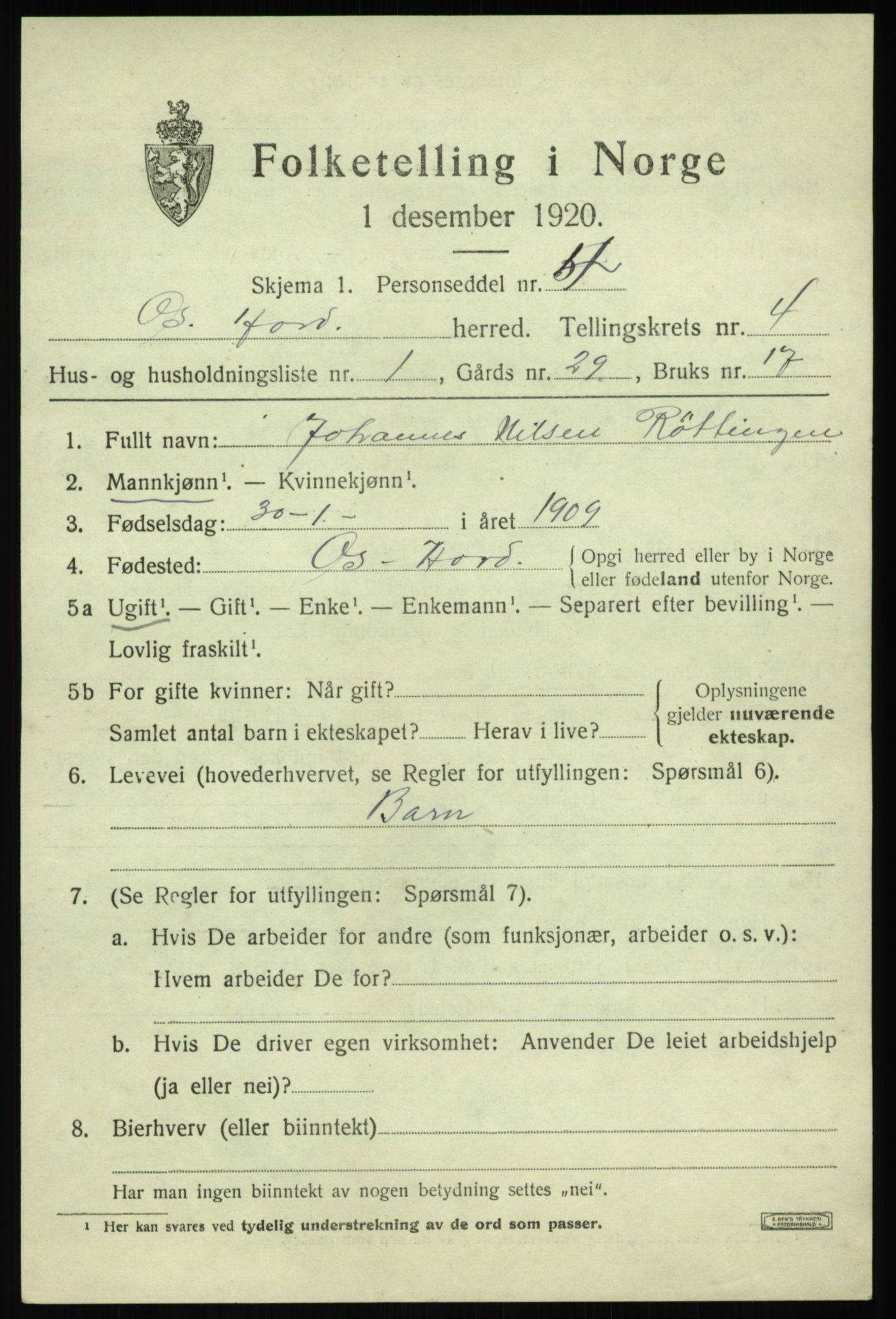 SAB, 1920 census for Os, 1920, p. 2956