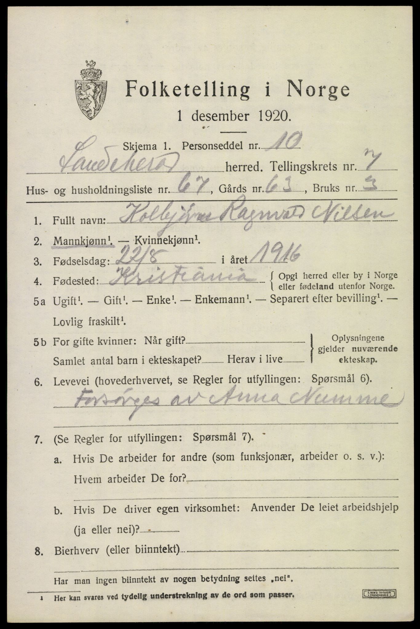 SAKO, 1920 census for Sandeherred, 1920, p. 12694