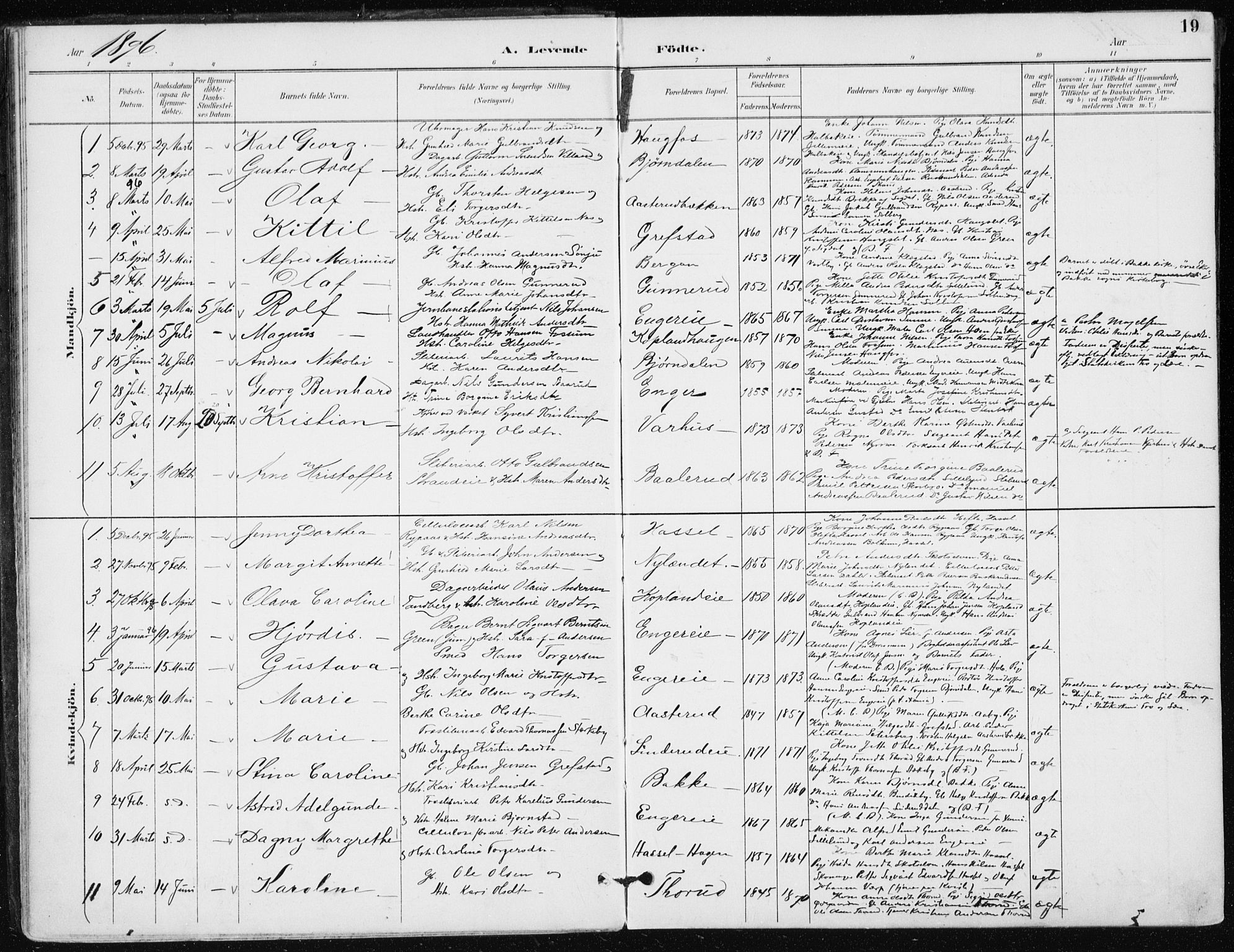 Modum kirkebøker, AV/SAKO-A-234/F/Fa/L0016: Parish register (official) no. 16, 1890-1899, p. 19
