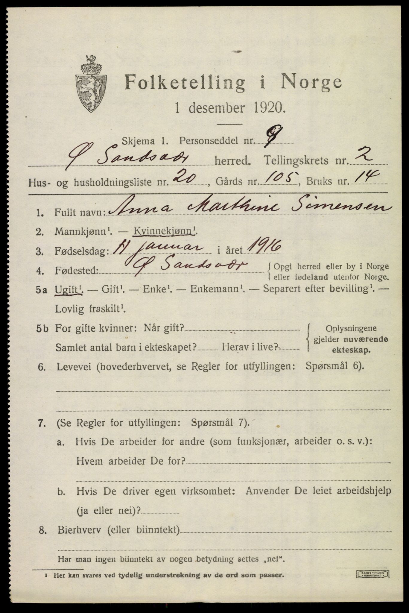 SAKO, 1920 census for Øvre Sandsvær, 1920, p. 1956