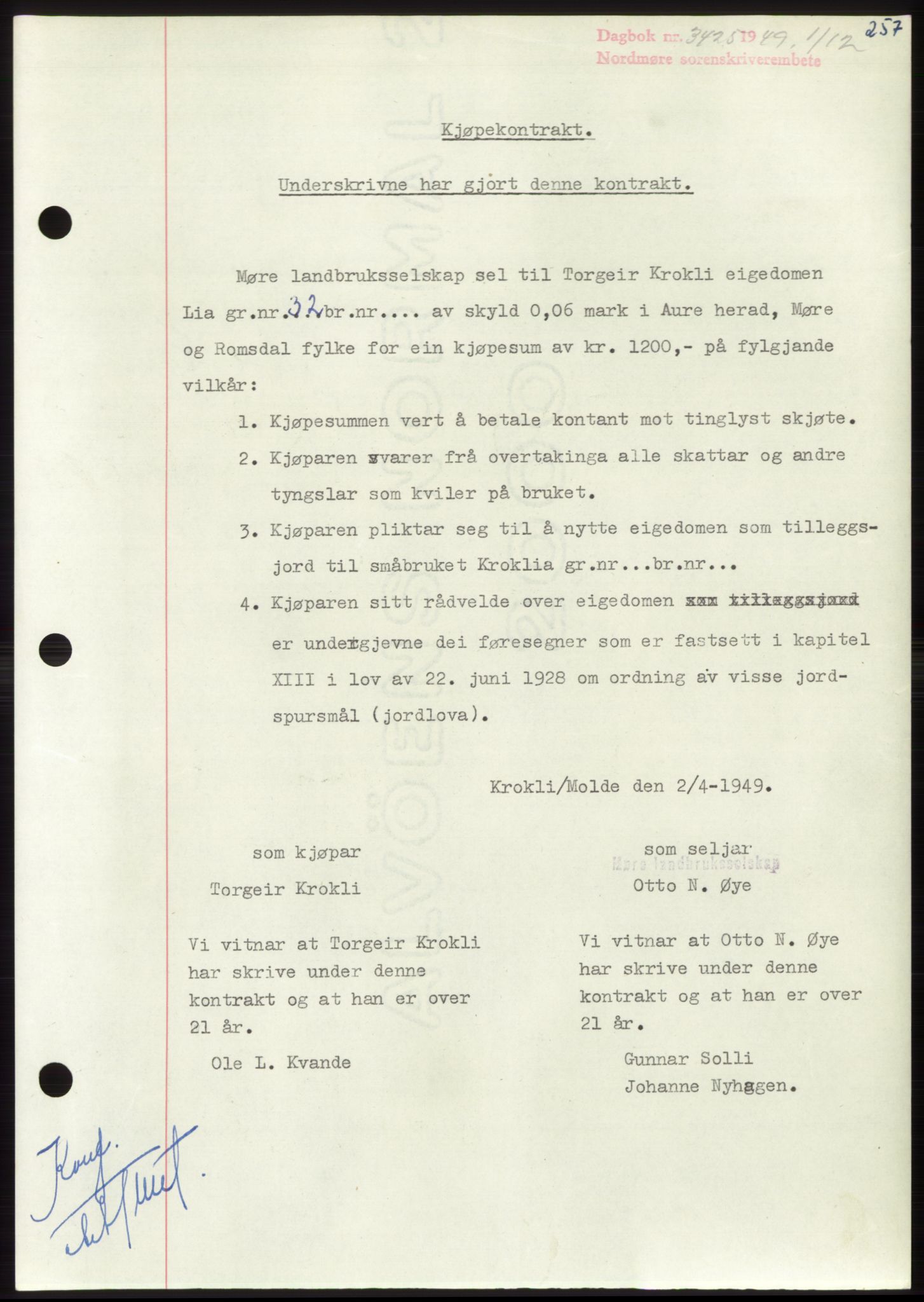 Nordmøre sorenskriveri, AV/SAT-A-4132/1/2/2Ca: Mortgage book no. B103, 1949-1950, Diary no: : 3425/1949