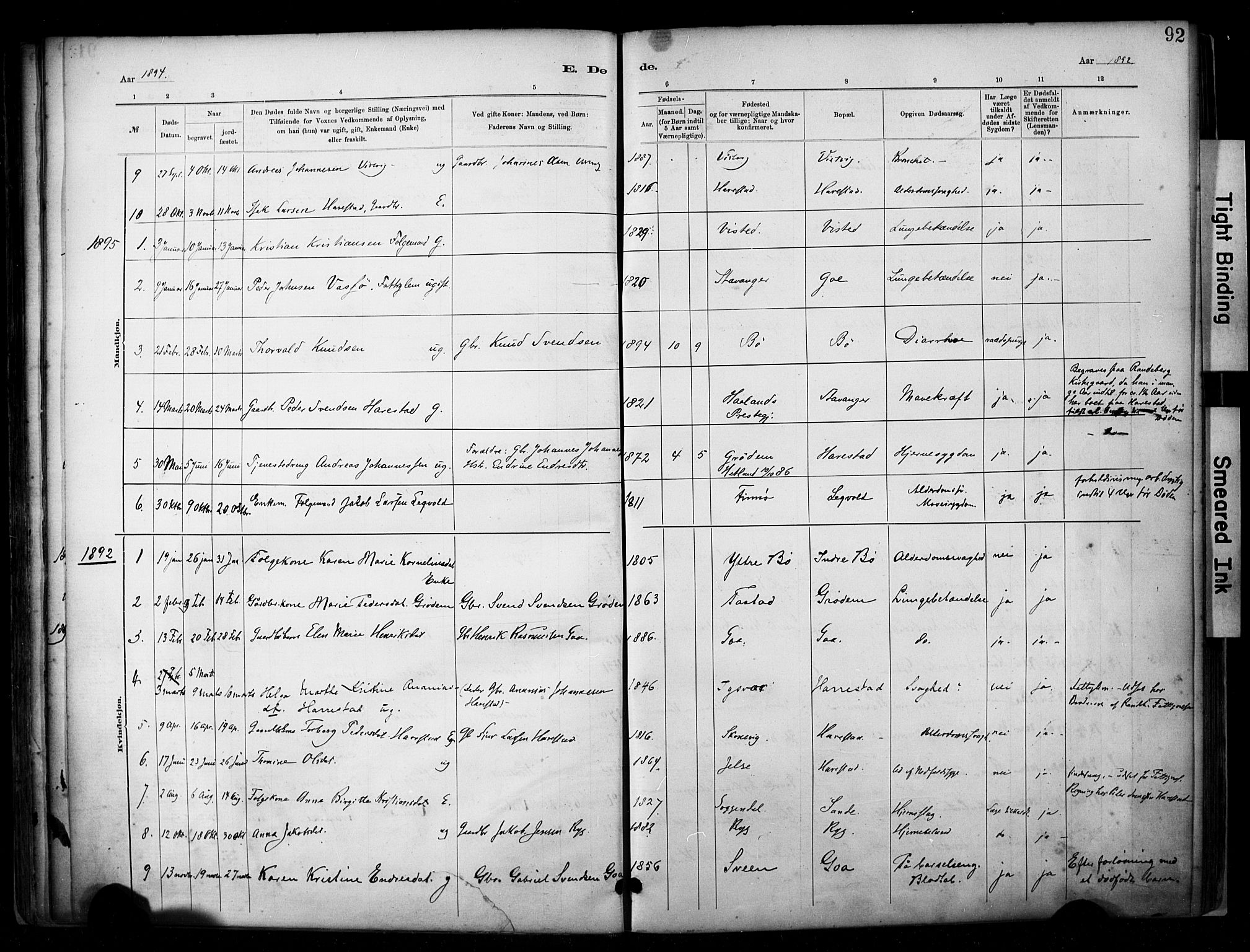 Hetland sokneprestkontor, SAST/A-101826/30/30BA/L0009: Parish register (official) no. A 9, 1882-1918, p. 92