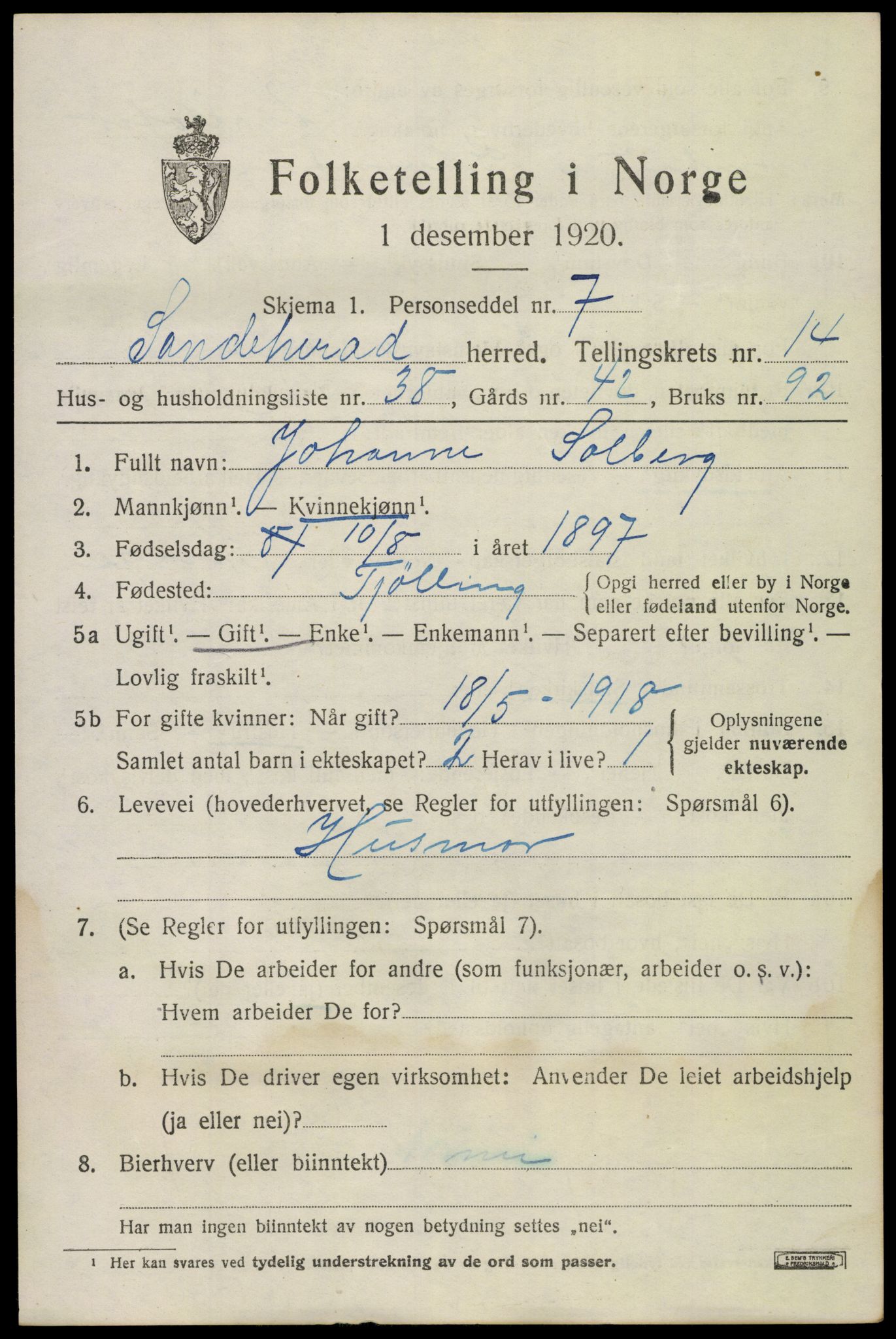 SAKO, 1920 census for Sandeherred, 1920, p. 20710