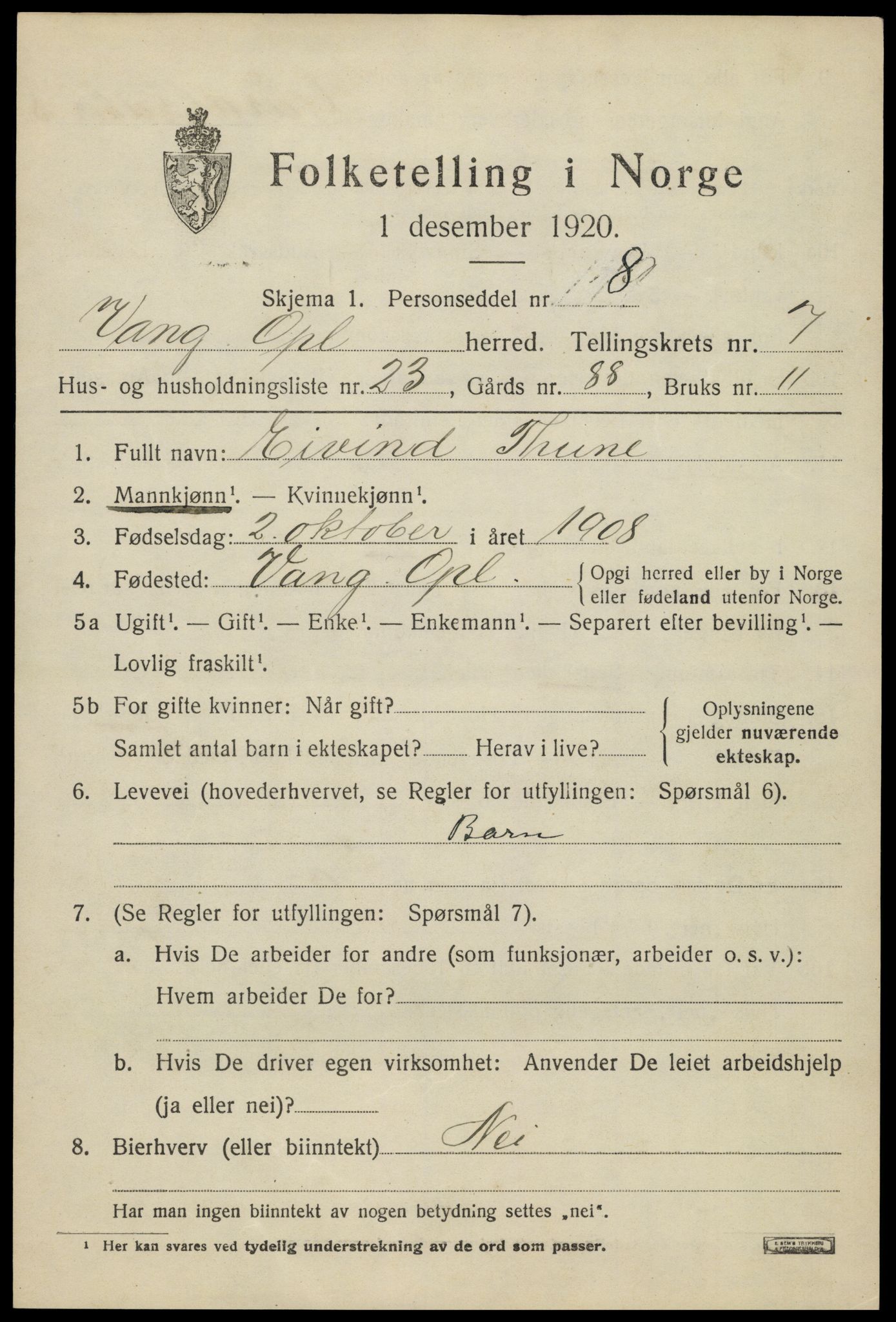 SAH, 1920 census for Vang (Oppland), 1920, p. 3379