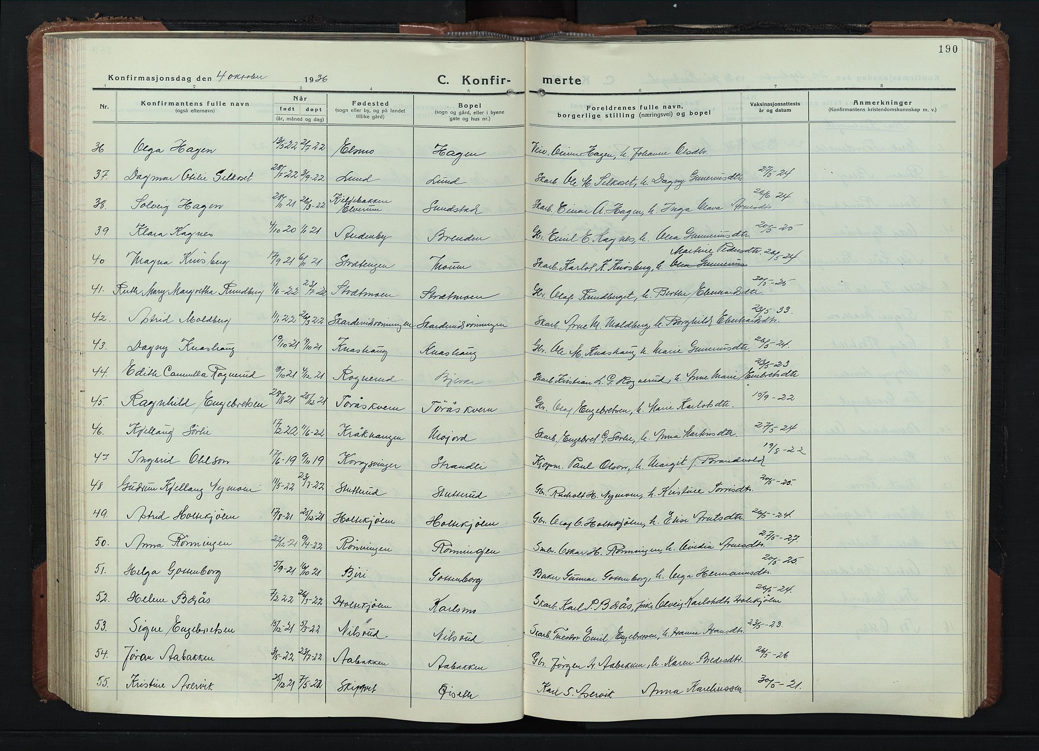 Våler prestekontor, Hedmark, AV/SAH-PREST-040/H/Ha/Hab/L0006: Parish register (copy) no. 6, 1932-1956, p. 190