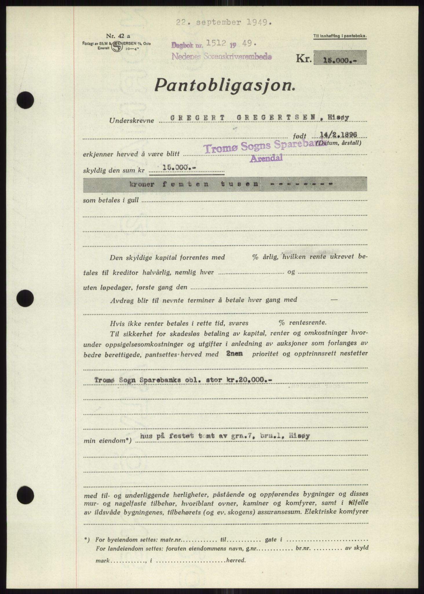 Nedenes sorenskriveri, AV/SAK-1221-0006/G/Gb/Gbb/L0006: Mortgage book no. B6, 1948-1949, Diary no: : 1512/1949