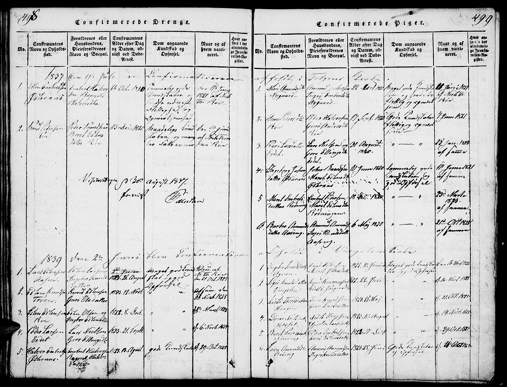 Tolga prestekontor, SAH/PREST-062/L/L0003: Parish register (copy) no. 3, 1815-1862, p. 498-499