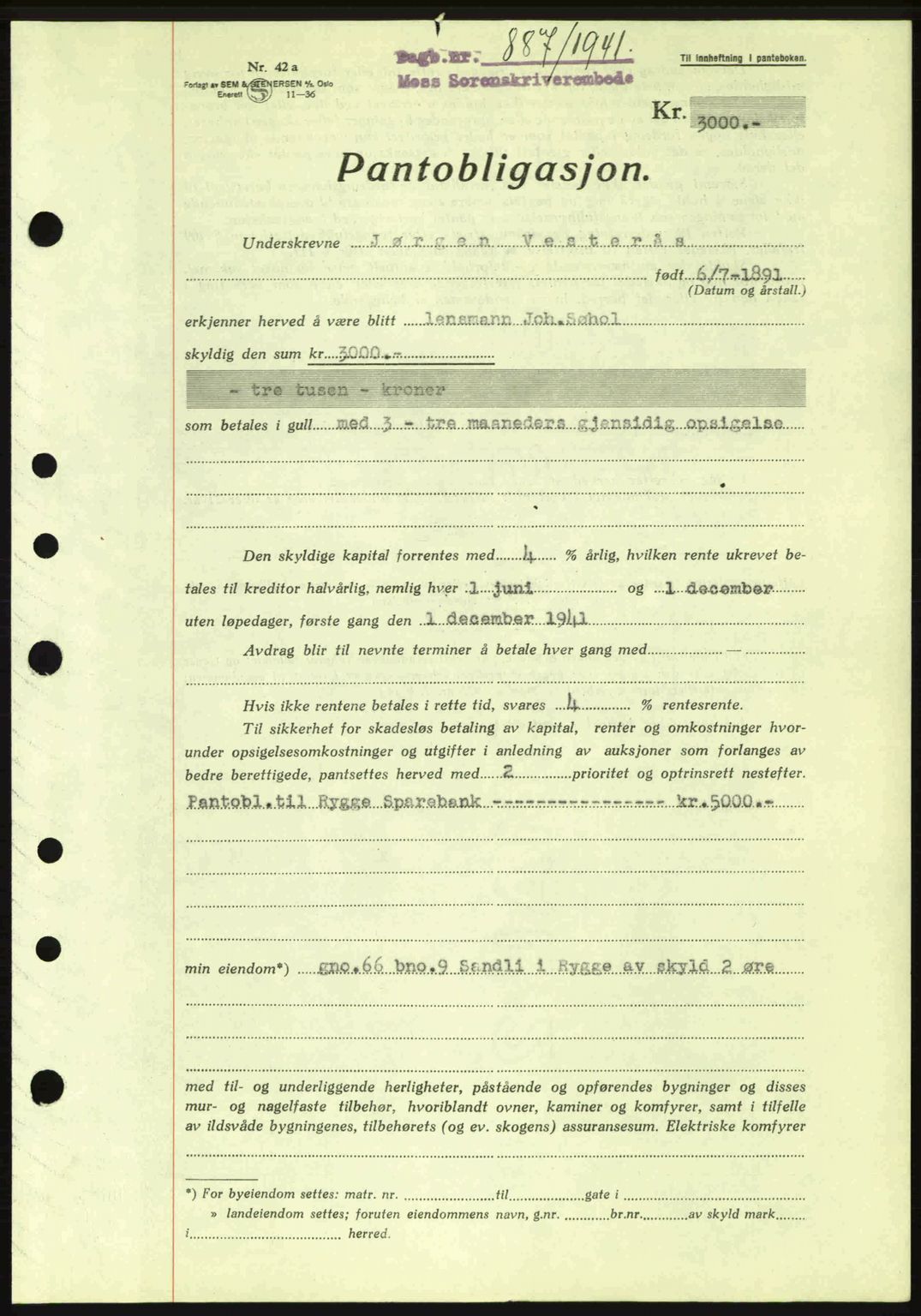 Moss sorenskriveri, SAO/A-10168: Mortgage book no. B10, 1940-1941, Diary no: : 887/1941