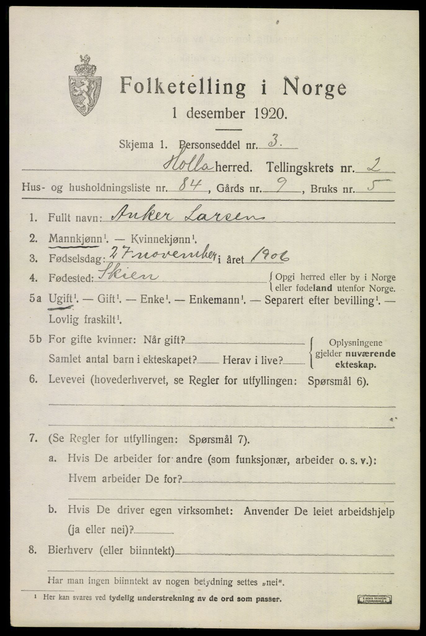 SAKO, 1920 census for Holla, 1920, p. 2591