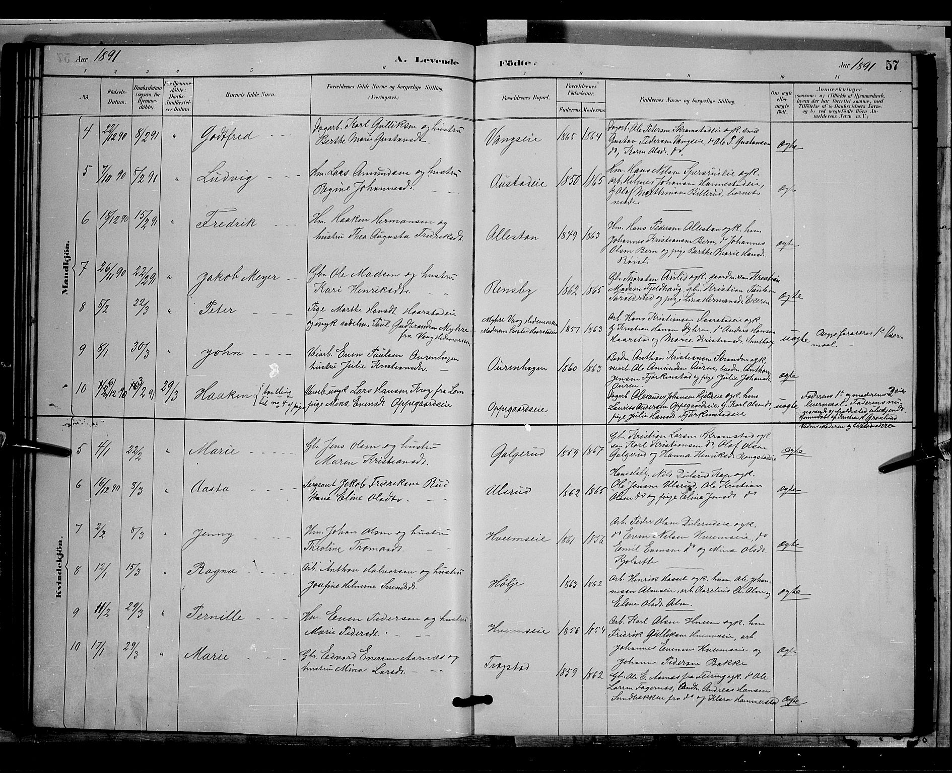 Østre Toten prestekontor, AV/SAH-PREST-104/H/Ha/Hab/L0005: Parish register (copy) no. 5, 1884-1893, p. 57