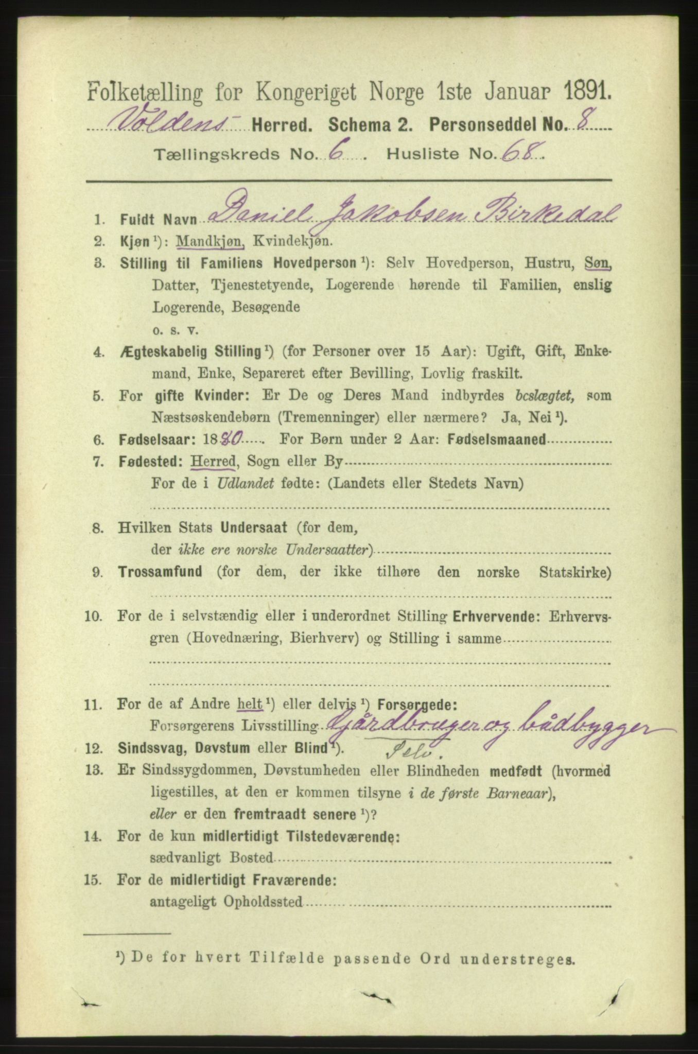 RA, 1891 census for 1519 Volda, 1891, p. 3278