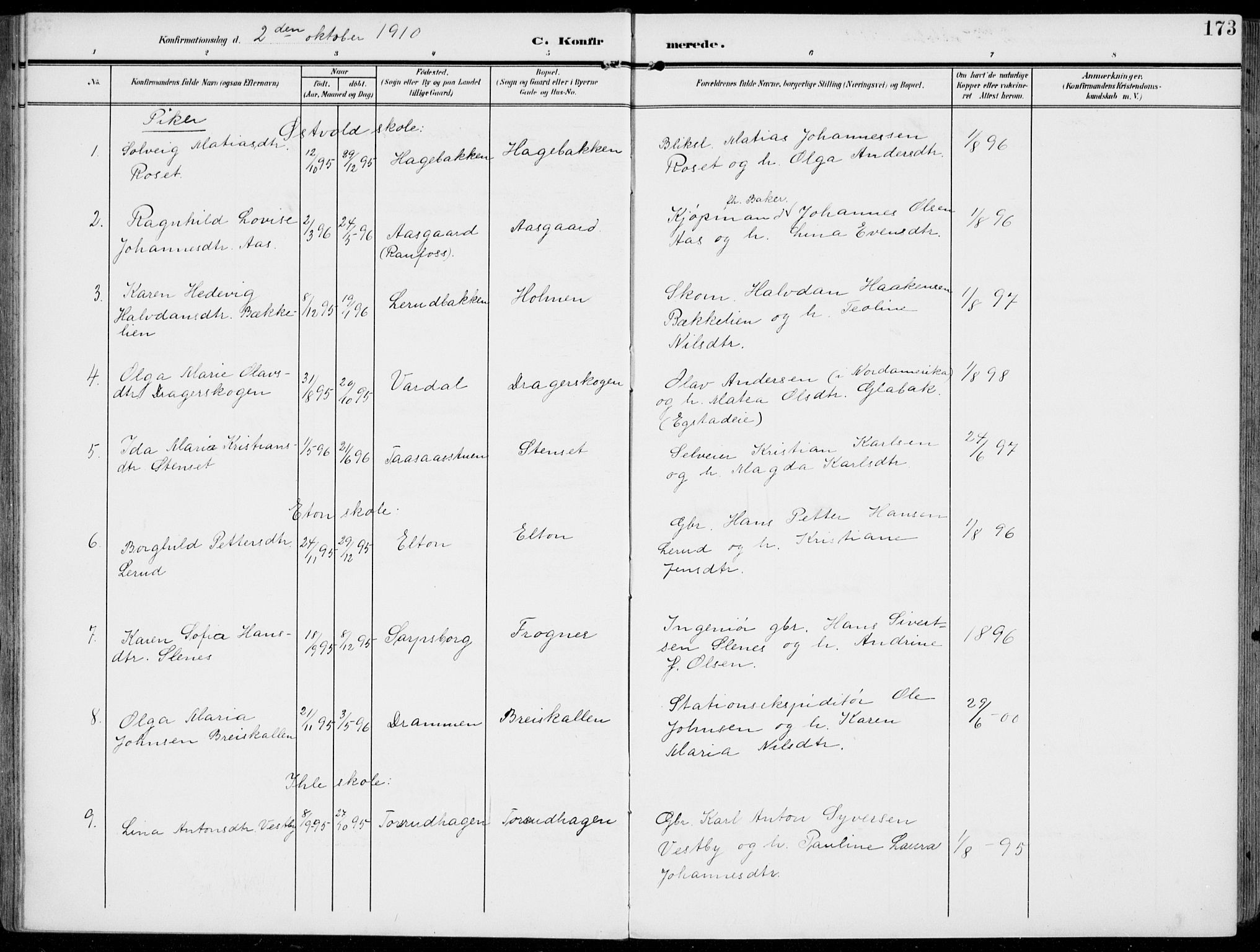 Vestre Toten prestekontor, AV/SAH-PREST-108/H/Ha/Haa/L0014: Parish register (official) no. 14, 1907-1920, p. 173