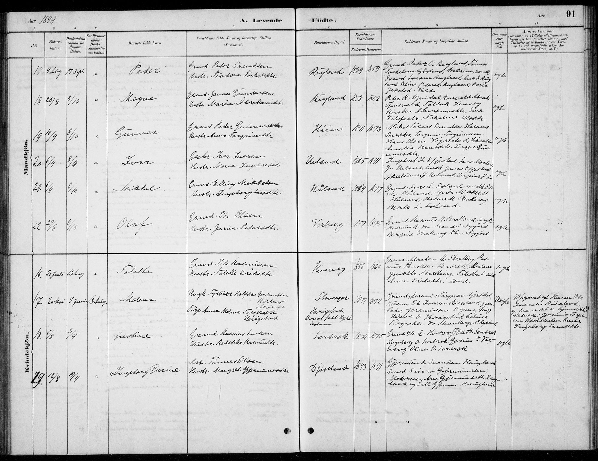 Hå sokneprestkontor, SAST/A-101801/001/30BB/L0004: Parish register (copy) no. B 4, 1883-1899, p. 91
