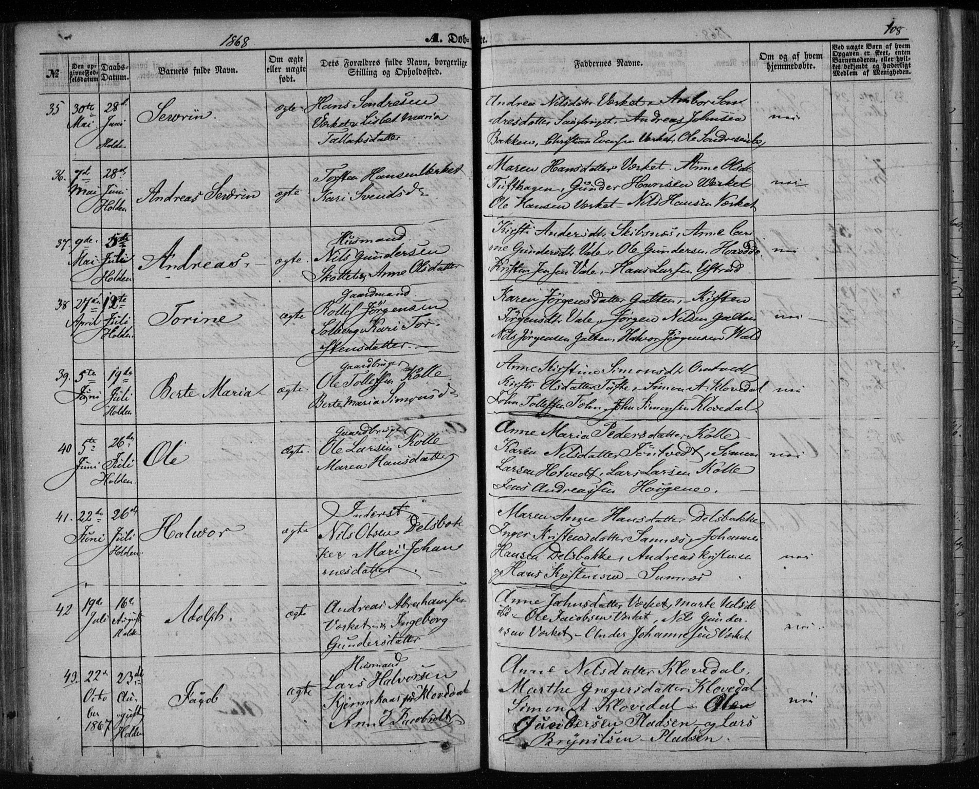 Holla kirkebøker, SAKO/A-272/F/Fa/L0006: Parish register (official) no. 6, 1861-1869, p. 108