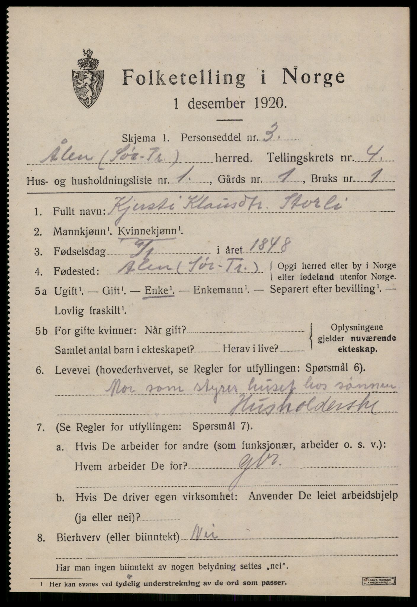 SAT, 1920 census for Ålen, 1920, p. 2068