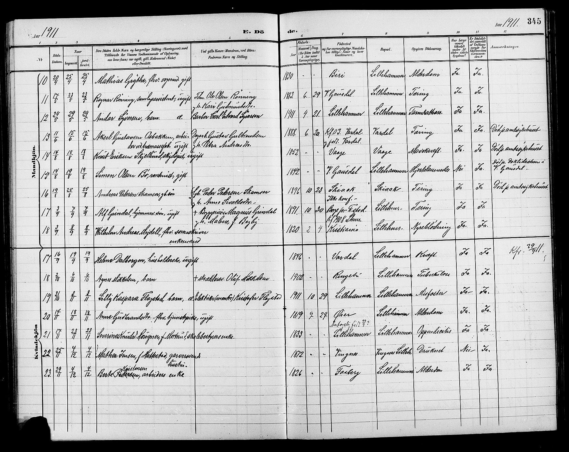 Lillehammer prestekontor, SAH/PREST-088/H/Ha/Hab/L0001: Parish register (copy) no. 1, 1901-1913, p. 345