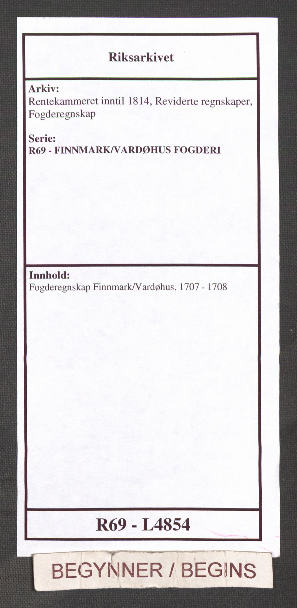 Rentekammeret inntil 1814, Reviderte regnskaper, Fogderegnskap, RA/EA-4092/R69/L4854: Fogderegnskap Finnmark/Vardøhus, 1707-1708, p. 1