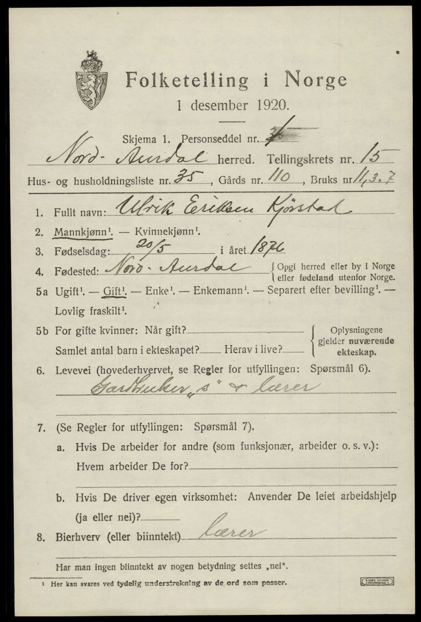 SAH, 1920 census for Nord-Aurdal, 1920, p. 11482