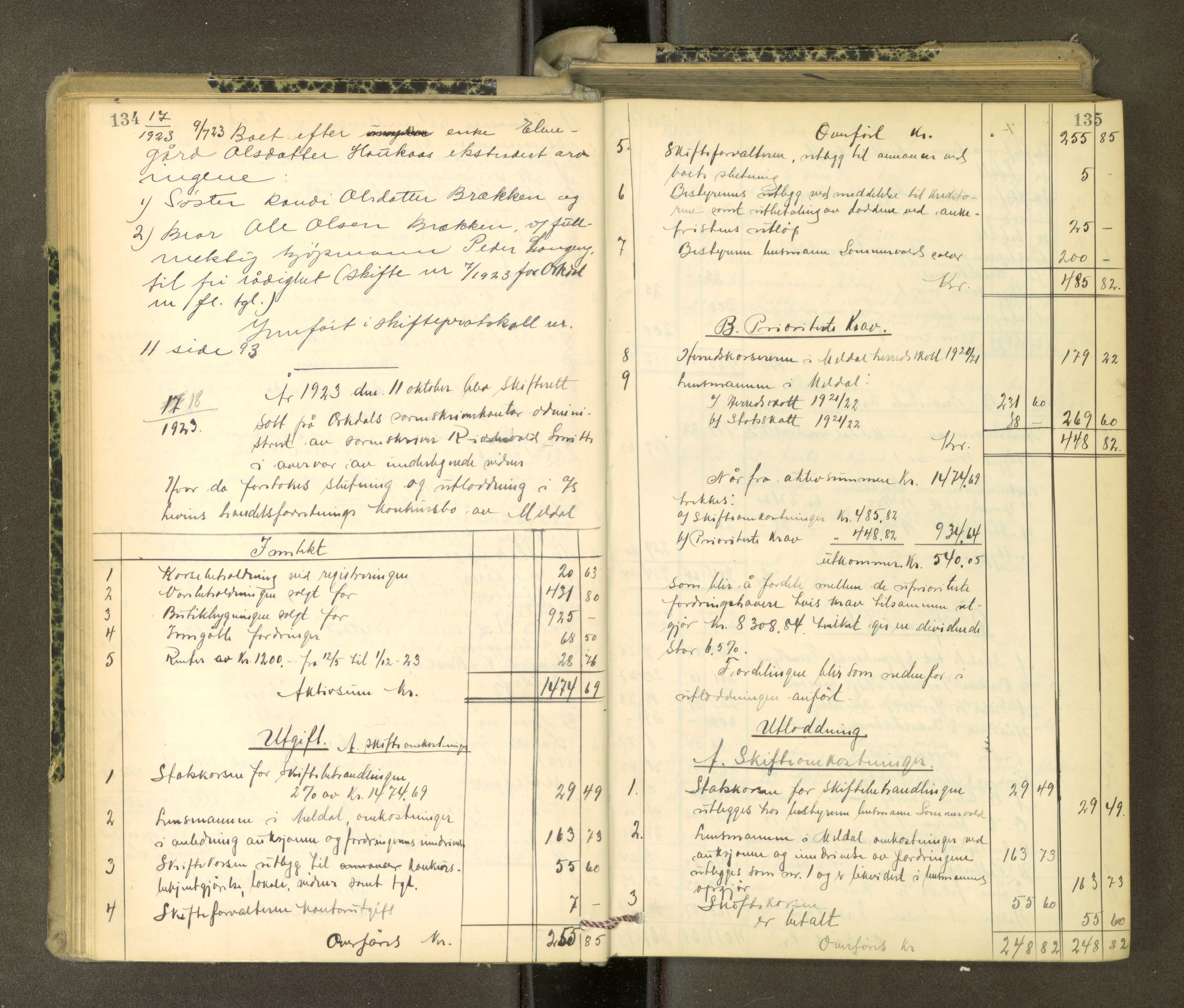 Orkdal sorenskriveri, AV/SAT-A-4169/1/3/3Aa/L0017: Skifteprotokoller, 1921-1929, p. 134-135