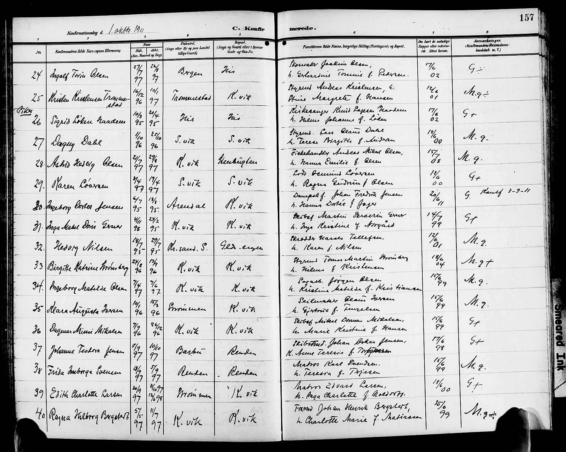 Hisøy sokneprestkontor, AV/SAK-1111-0020/F/Fb/L0004: Parish register (copy) no. B 4, 1905-1923, p. 157