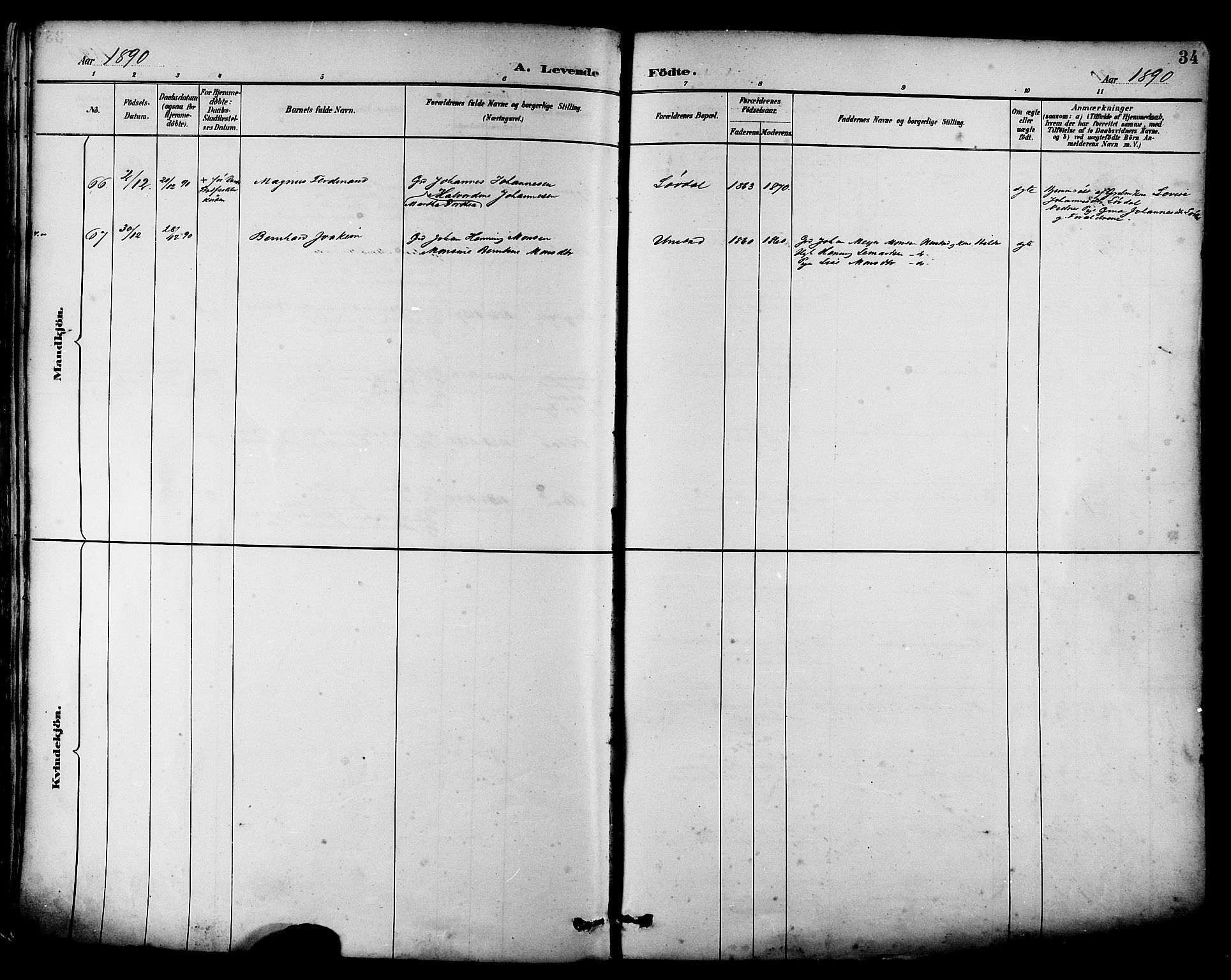 Ministerialprotokoller, klokkerbøker og fødselsregistre - Nordland, AV/SAT-A-1459/880/L1133: Parish register (official) no. 880A07, 1888-1898, p. 34