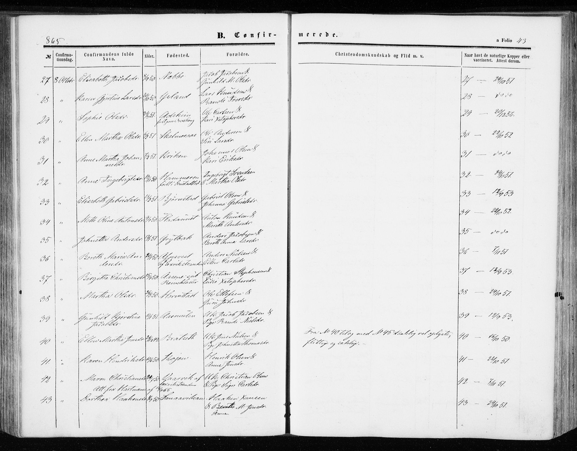Ministerialprotokoller, klokkerbøker og fødselsregistre - Sør-Trøndelag, SAT/A-1456/646/L0612: Parish register (official) no. 646A10, 1858-1869, p. 43