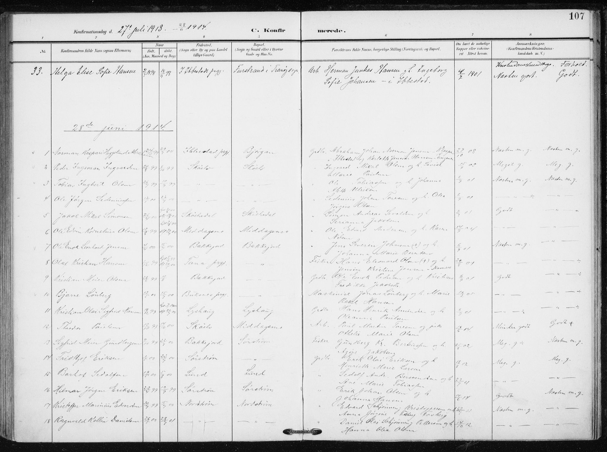 Tranøy sokneprestkontor, AV/SATØ-S-1313/I/Ia/Iaa/L0012kirke: Parish register (official) no. 12, 1905-1918, p. 107