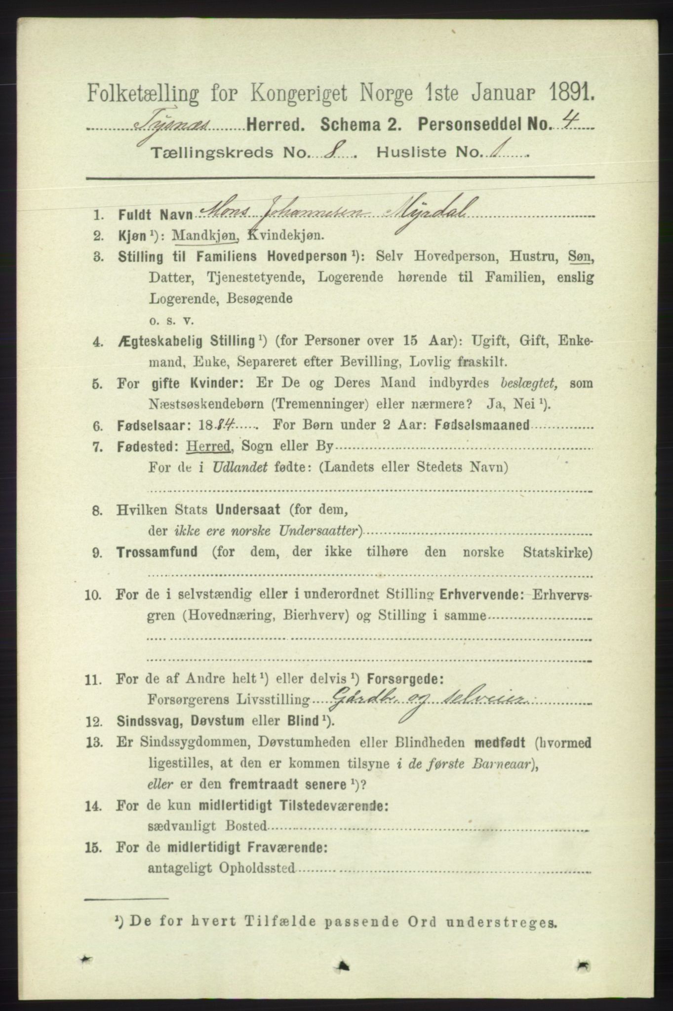 RA, 1891 census for 1223 Tysnes, 1891, p. 3661