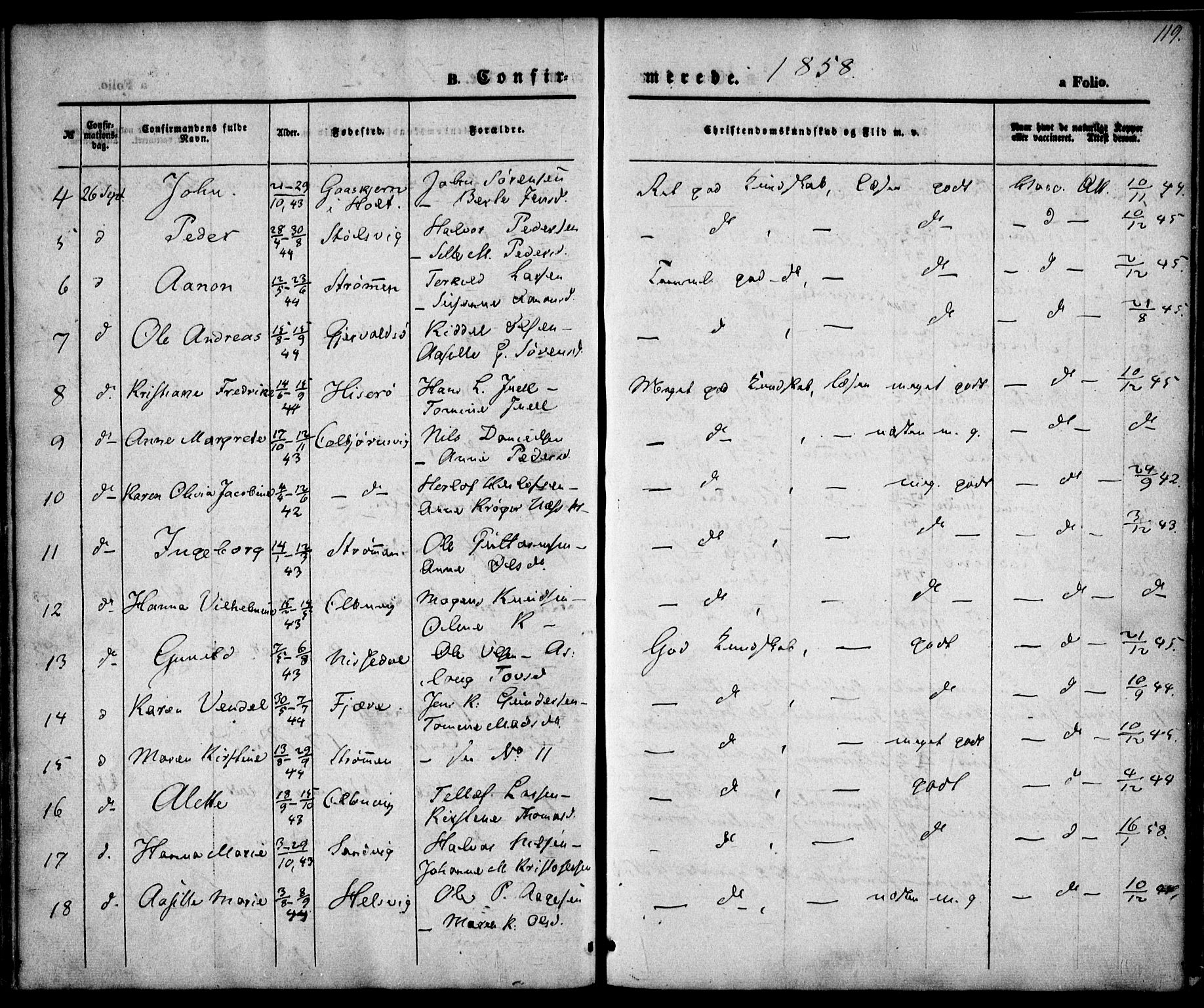Hisøy sokneprestkontor, SAK/1111-0020/F/Fa/L0001: Parish register (official) no. A 1, 1849-1871, p. 119