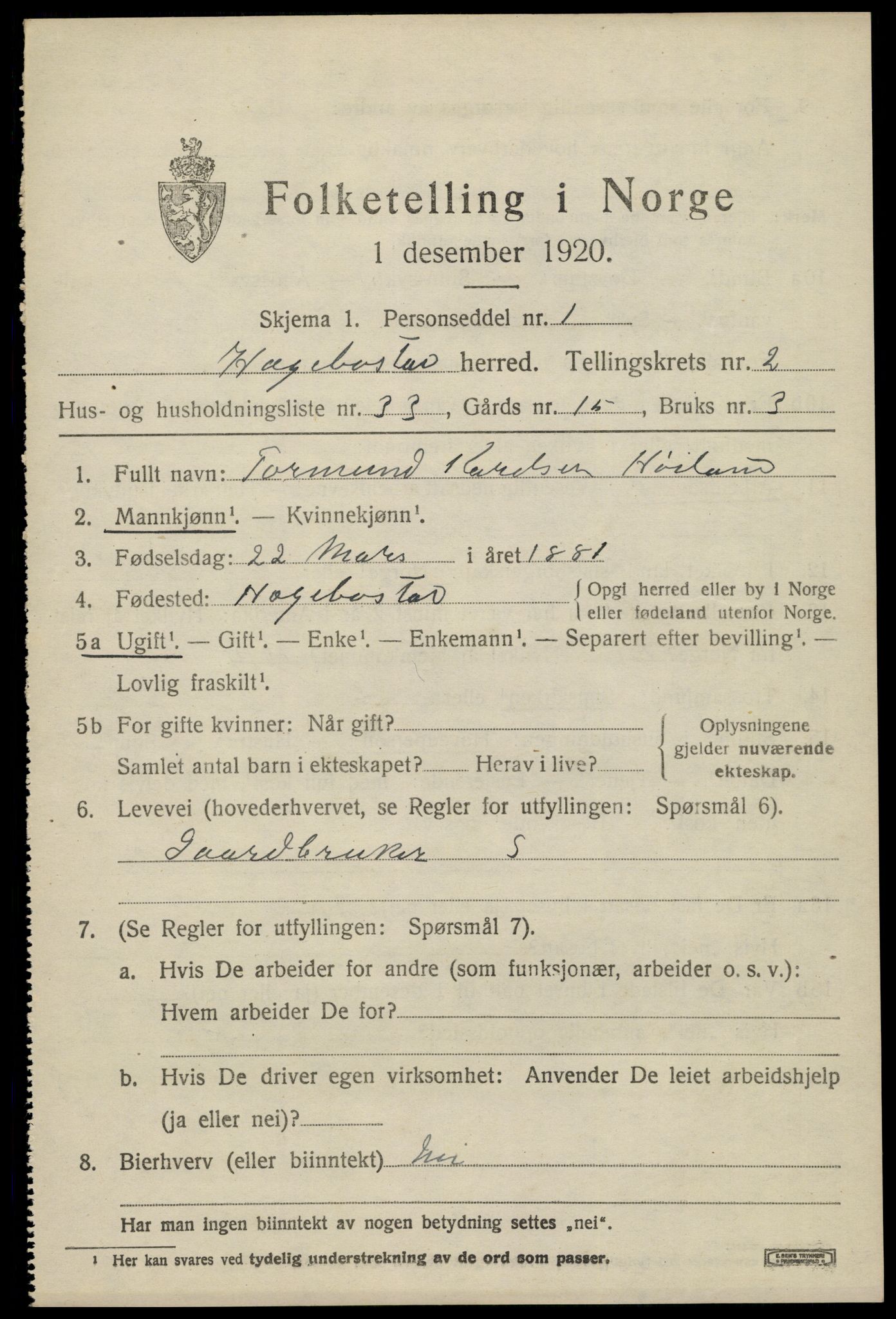 SAK, 1920 census for Hægebostad, 1920, p. 1103