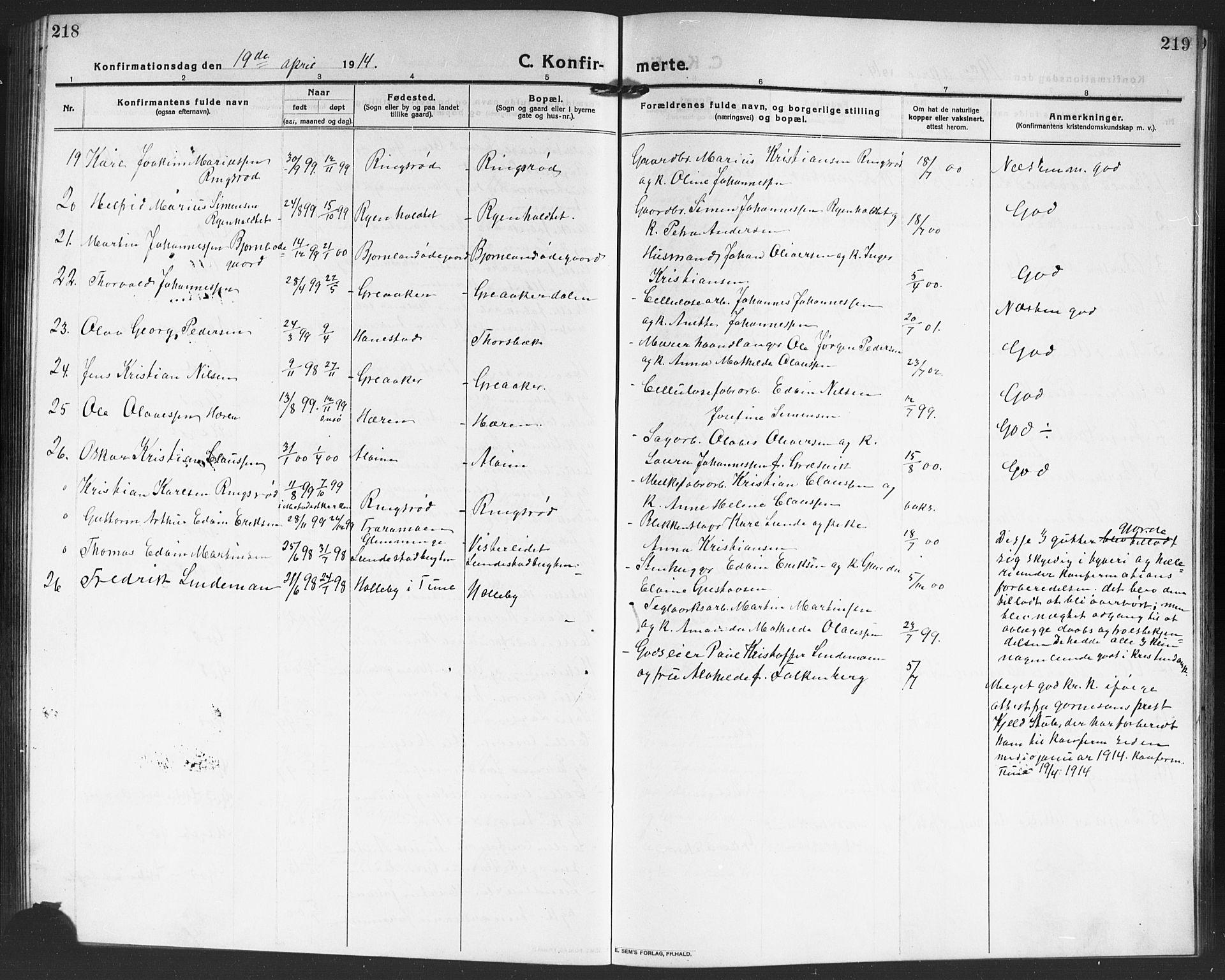 Tune prestekontor Kirkebøker, AV/SAO-A-2007/G/Ga/L0003: Parish register (copy) no. I 3, 1914-1919, p. 218-219