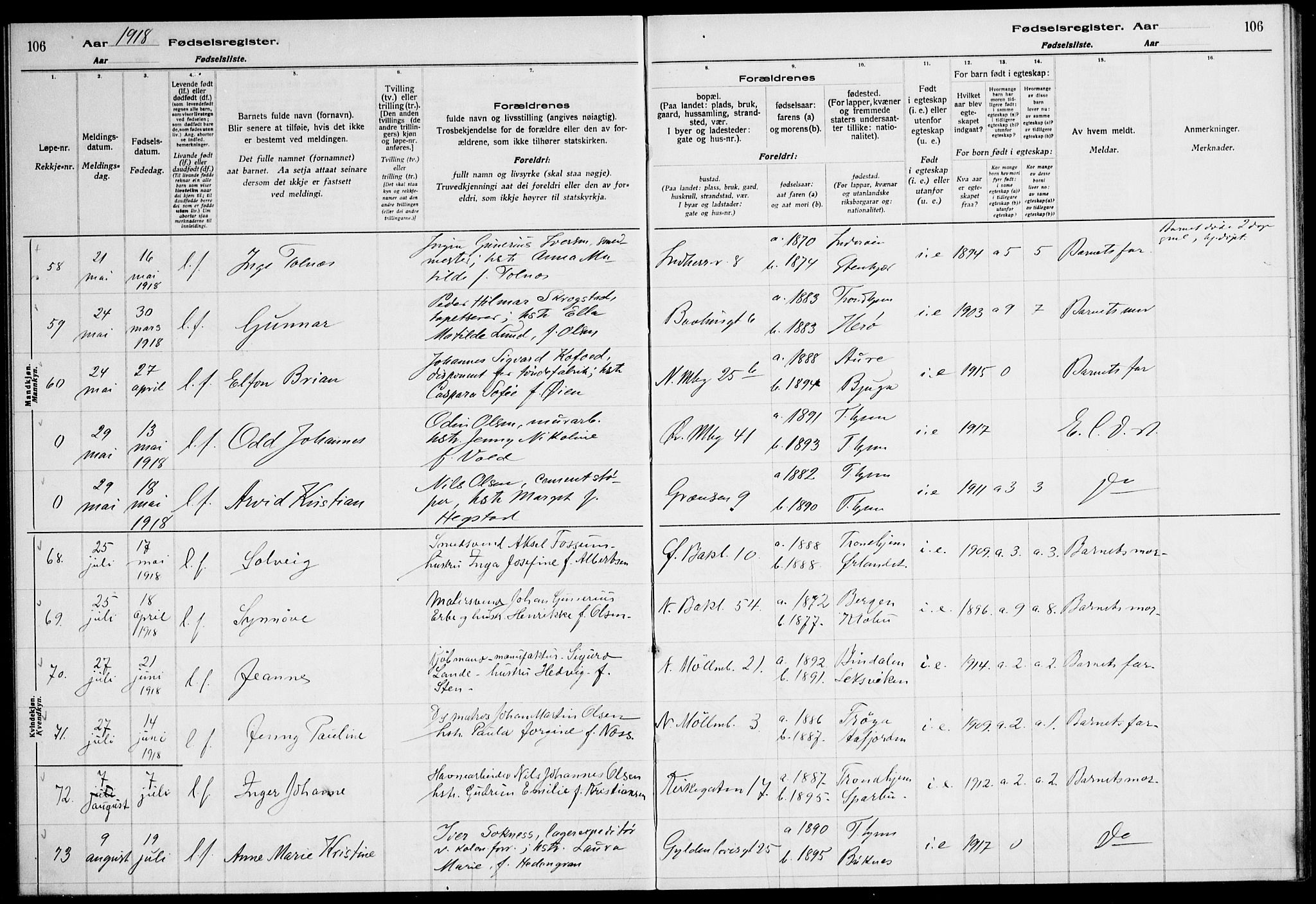 Ministerialprotokoller, klokkerbøker og fødselsregistre - Sør-Trøndelag, SAT/A-1456/604/L0232: Birth register no. 604.II.4.1, 1916-1920, p. 106