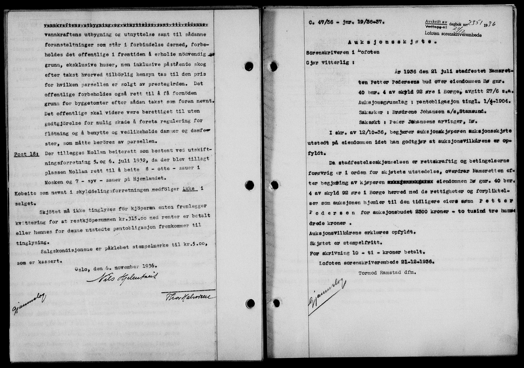 Lofoten sorenskriveri, SAT/A-0017/1/2/2C/L0001a: Mortgage book no. 1a, 1936-1937, Diary no: : 2351/1936