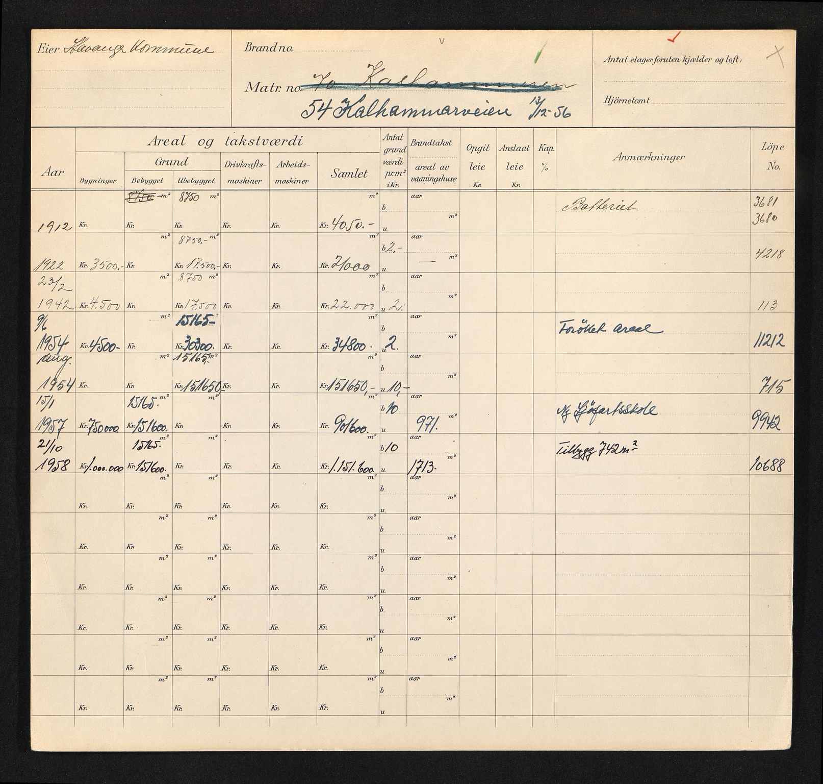 Stavanger kommune. Skattetakstvesenet, BYST/A-0440/F/Fa/Faa/L0022/0008: Skattetakstkort / Kalhammarveien 47 - Kampens plass - Kampensgata 7