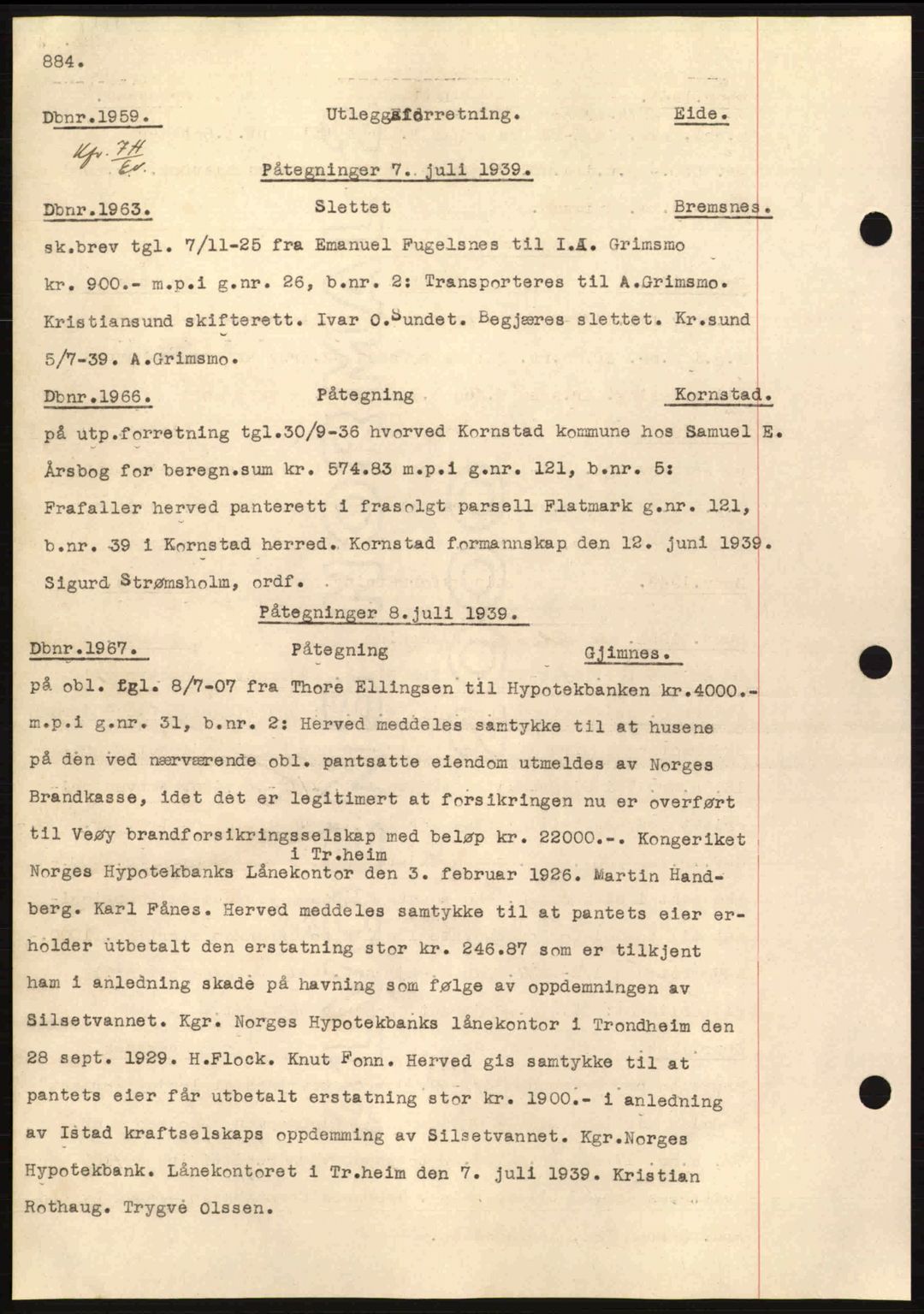 Nordmøre sorenskriveri, AV/SAT-A-4132/1/2/2Ca: Mortgage book no. C80, 1936-1939, Diary no: : 1959/1939