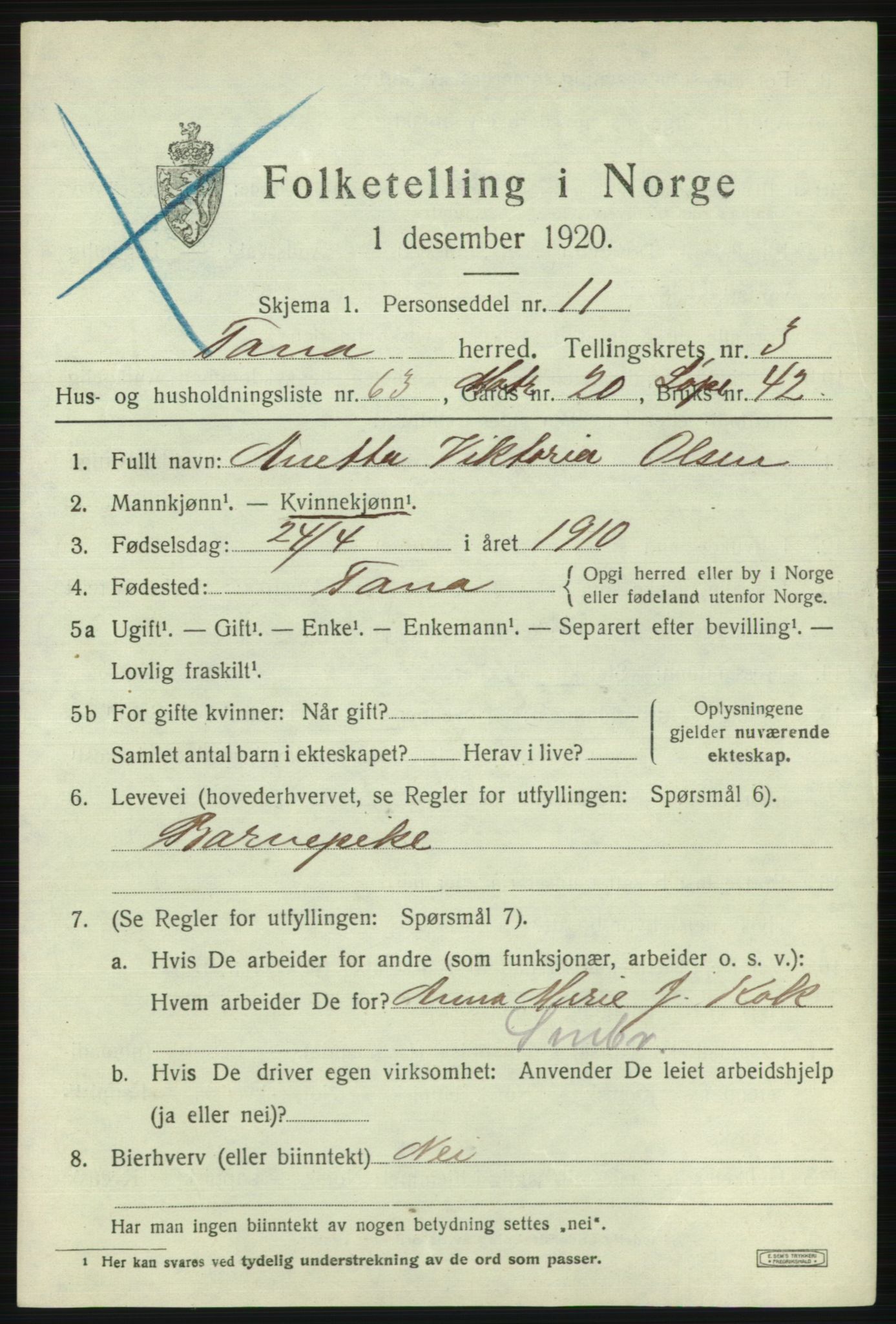 SATØ, 1920 census for Tana, 1920, p. 3020