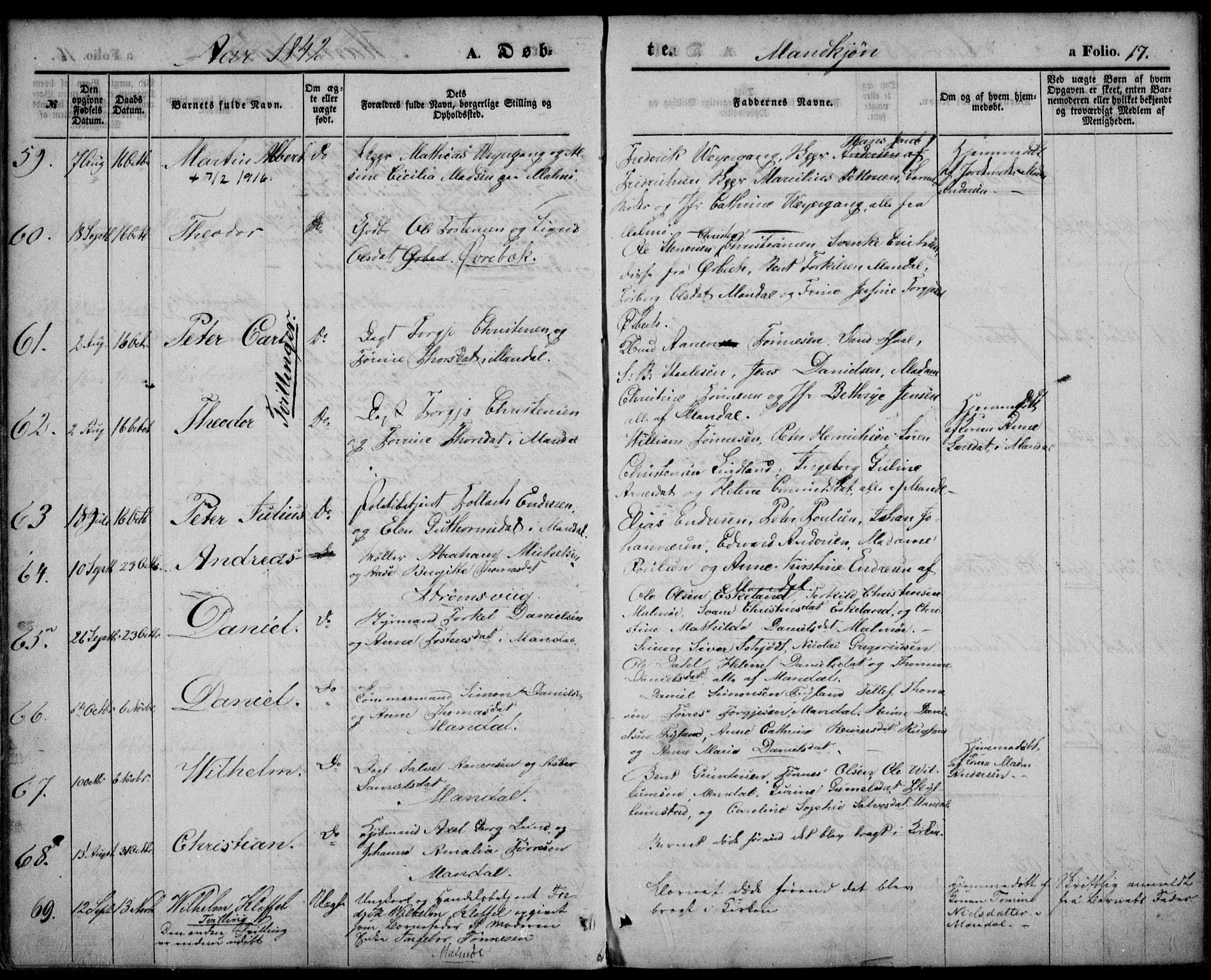 Mandal sokneprestkontor, AV/SAK-1111-0030/F/Fa/Faa/L0012: Parish register (official) no. A 12, 1840-1847, p. 17