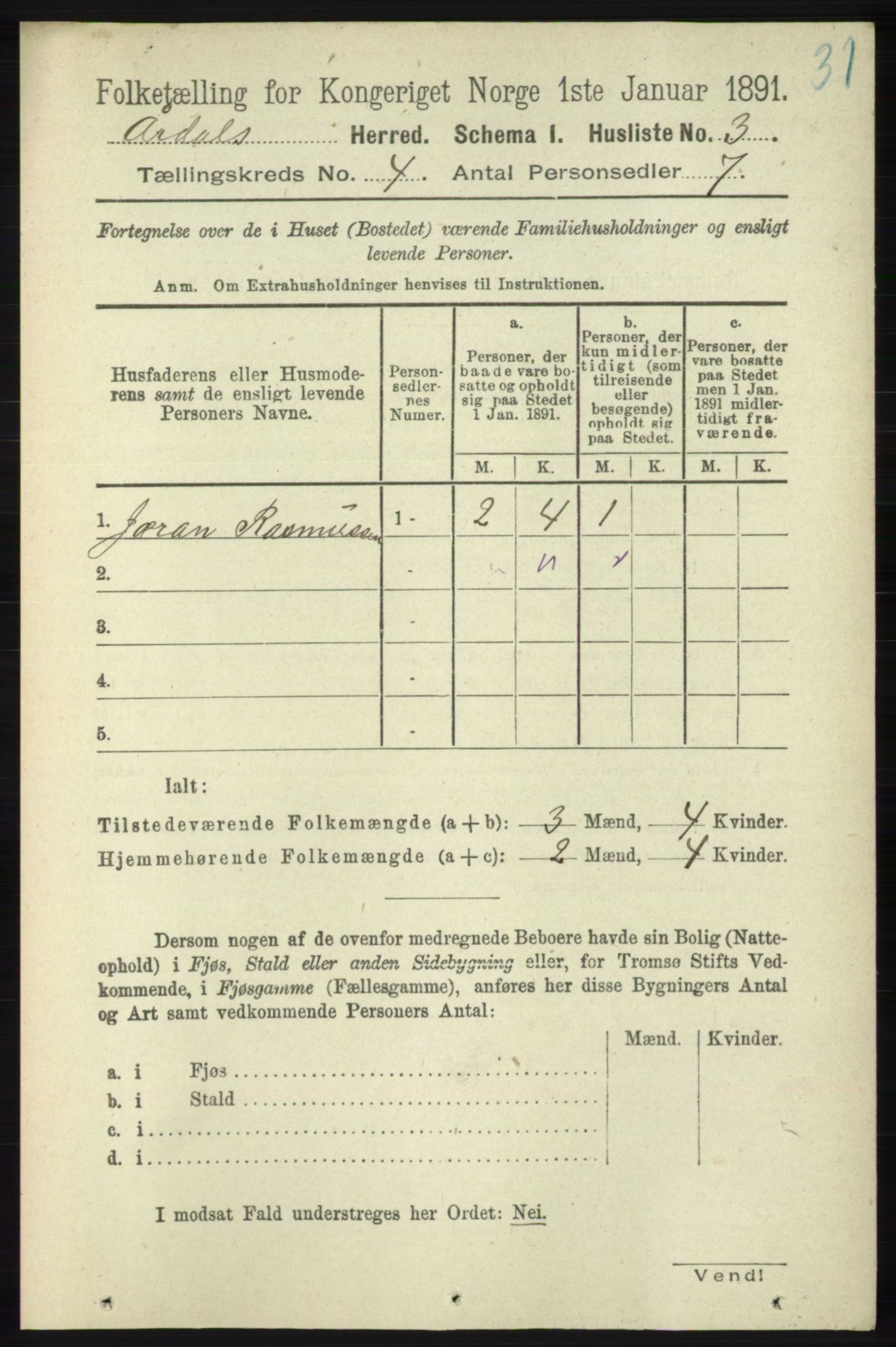 RA, 1891 census for 1131 Årdal, 1891, p. 1073