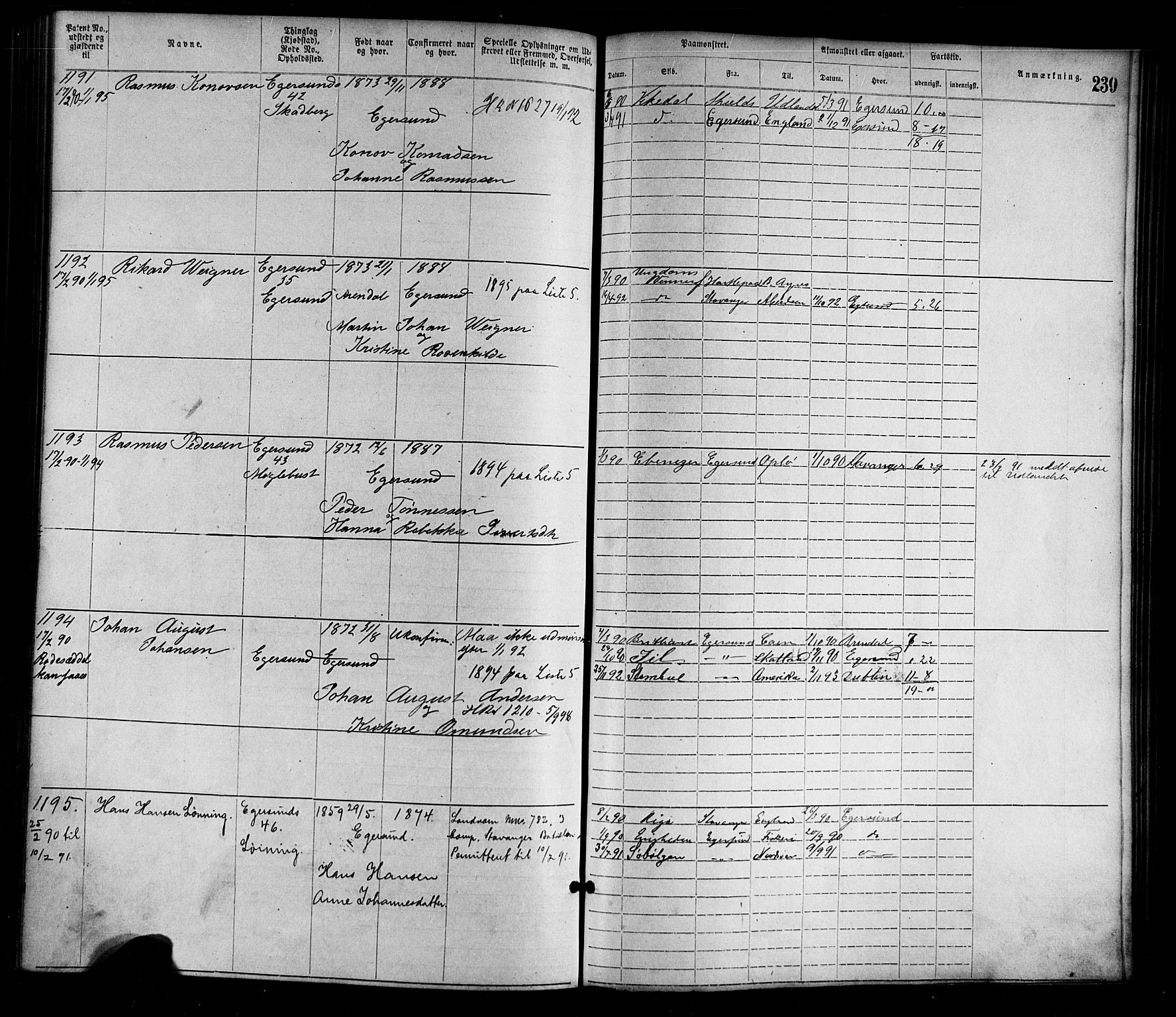 Egersund mønstringskrets, SAK/2031-0019/F/Fa/L0001: Annotasjonsrulle nr 1-1440 med register, O-1, 1869-1895, p. 264