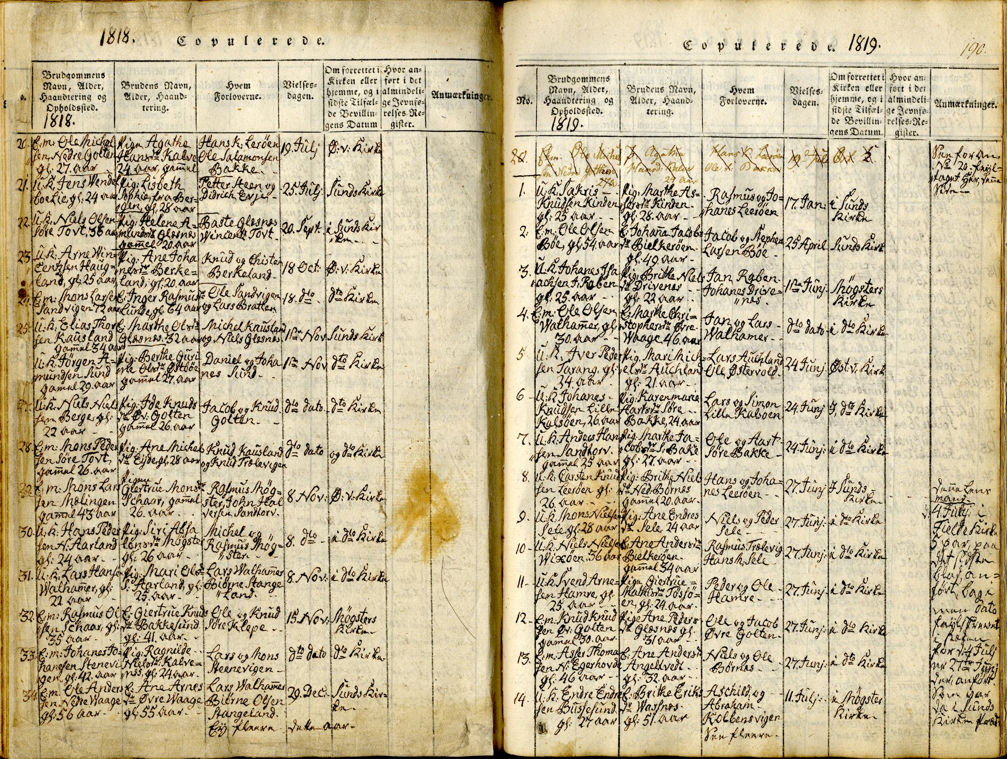 Sund sokneprestembete, AV/SAB-A-99930: Parish register (official) no. A 11, 1814-1825, p. 190