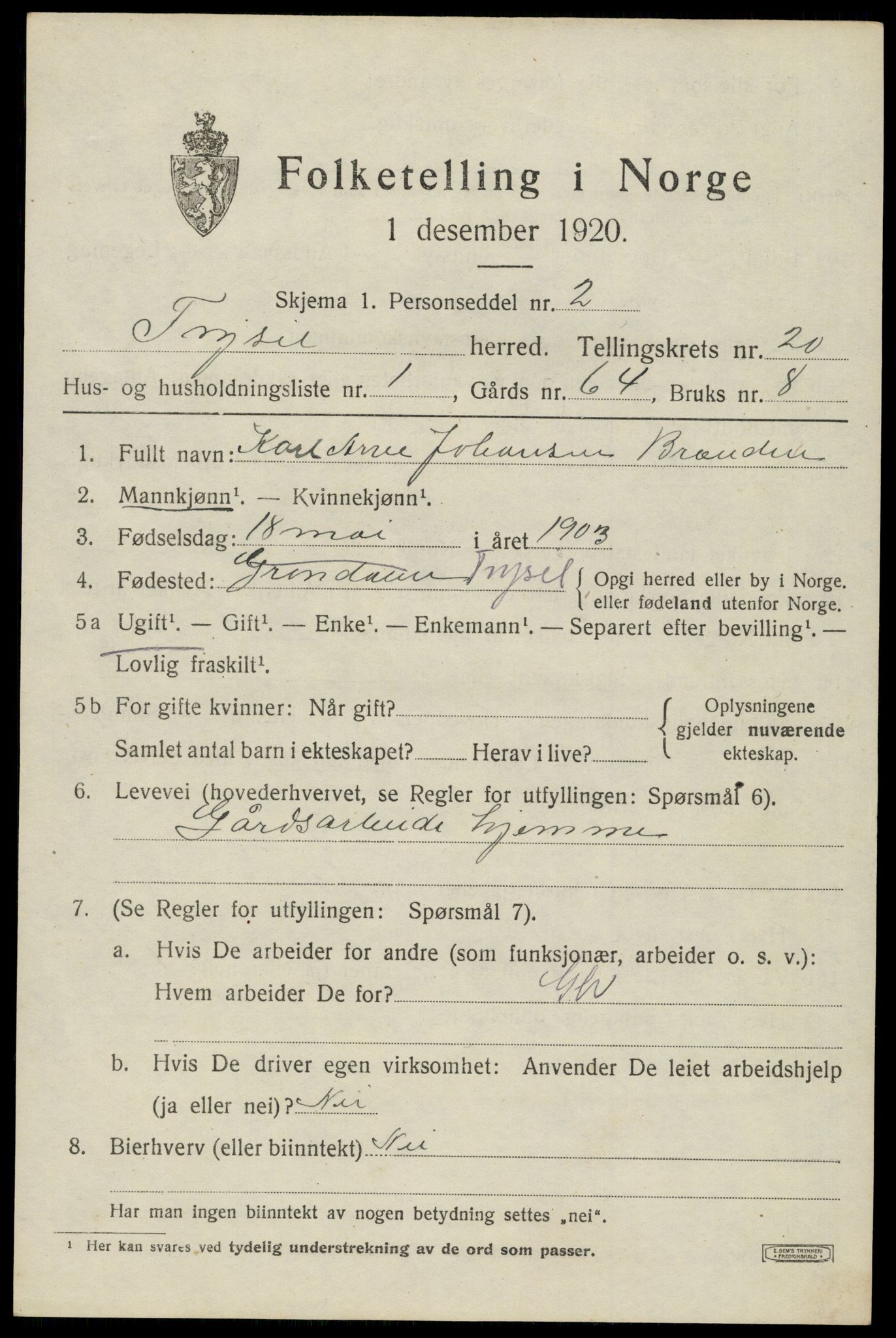 SAH, 1920 census for Trysil, 1920, p. 13021