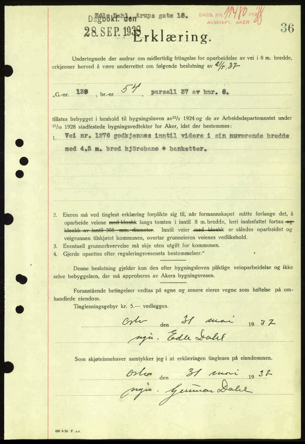 Aker herredsskriveri, SAO/A-10896/G/Gb/Gba/Gbab/L0025: Mortgage book no. A154-155, 1938-1938, Diary no: : 11480/1938
